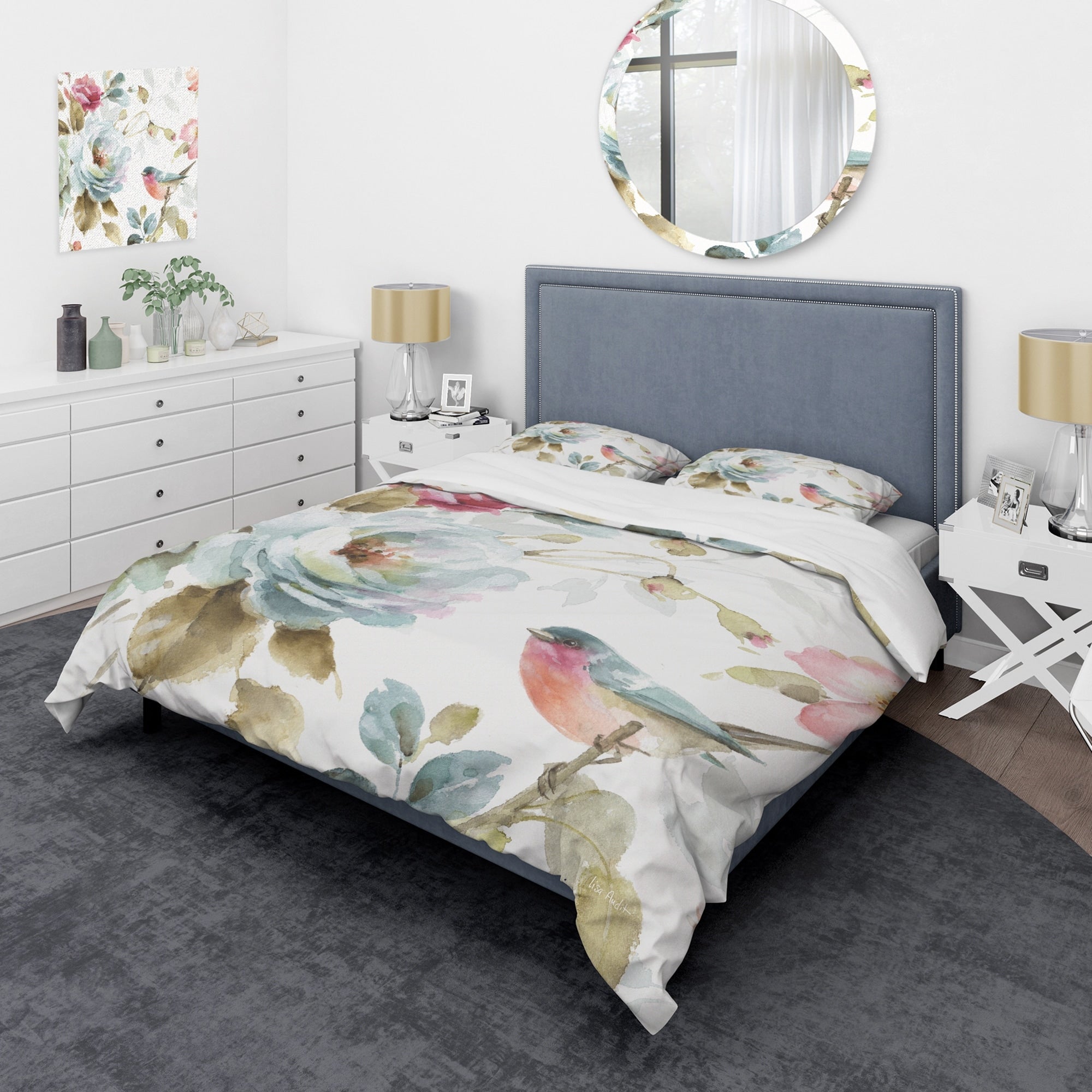 Designart Beautiful Bird Romance I Cottage Bedding Set Duvet Cover Shams