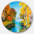 Designart Birch Forest Near The River Landscape Glossy Large Disk Metal Wall Art