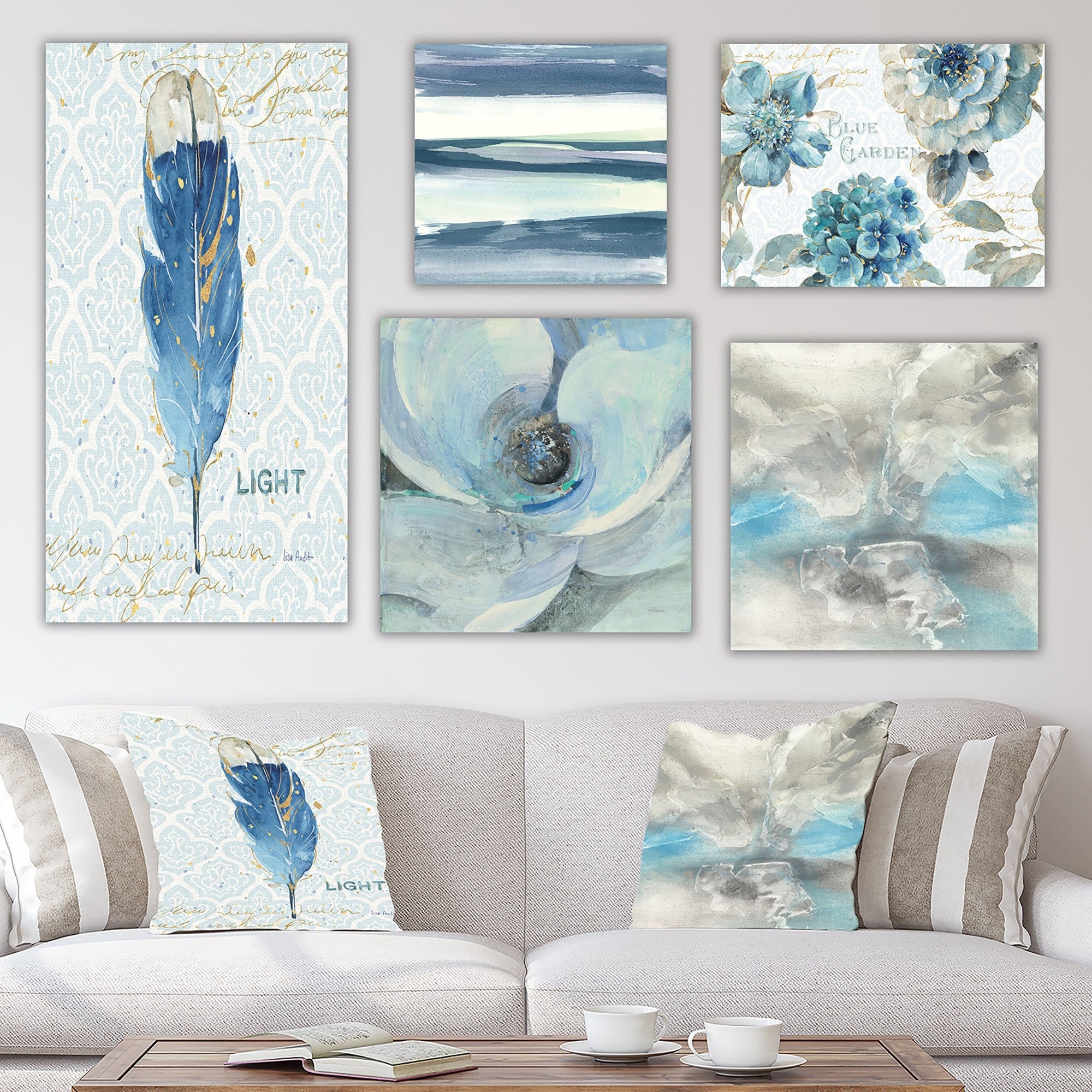 Designart Blue Feather Collection Traditional Wall Art Set Of 5 Pieces Blue White