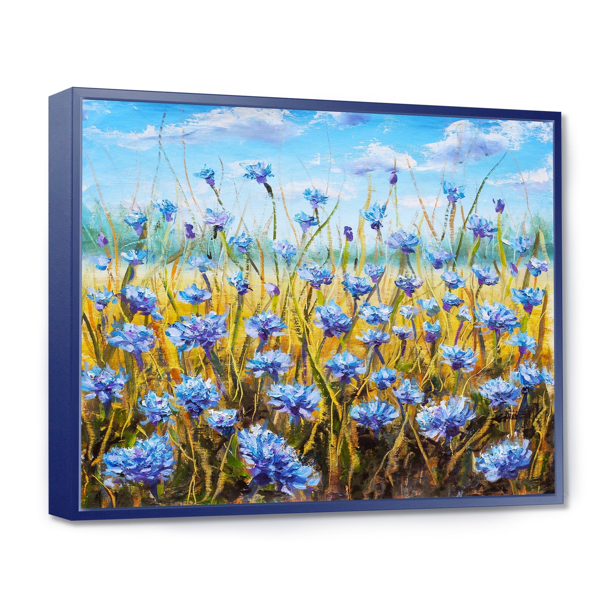 Designart Blue Flowers In Meadow Painting Floral Painting Framed Canvas