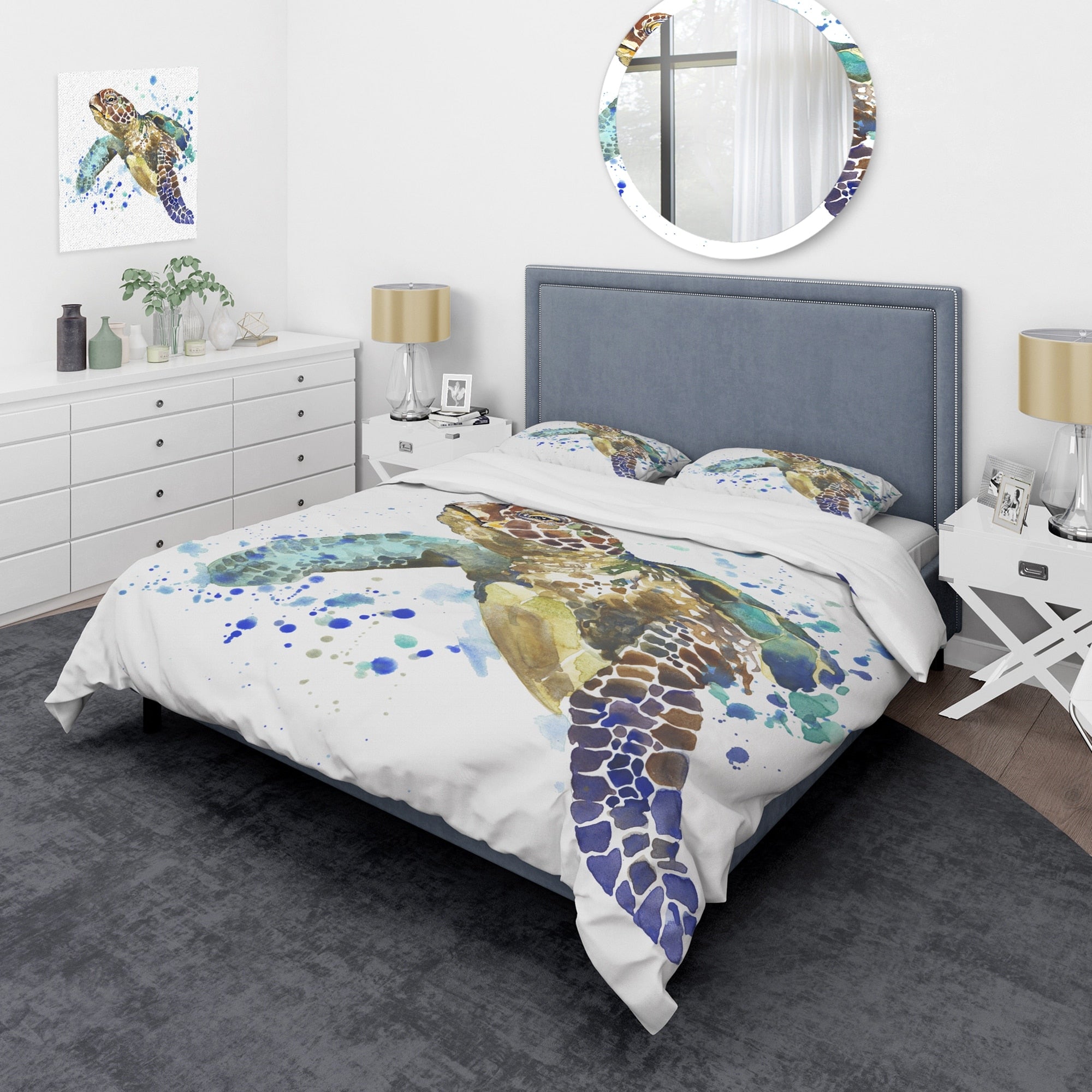 Designart Blue Sea Turtle Illustration Nautical Coastal Bedding Set Duvet Cover Shams