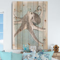 Designart Coastal Sea Life Ii Octopus Sketches Nautical Coastal Print On Natural Pine Wood Grey Blue