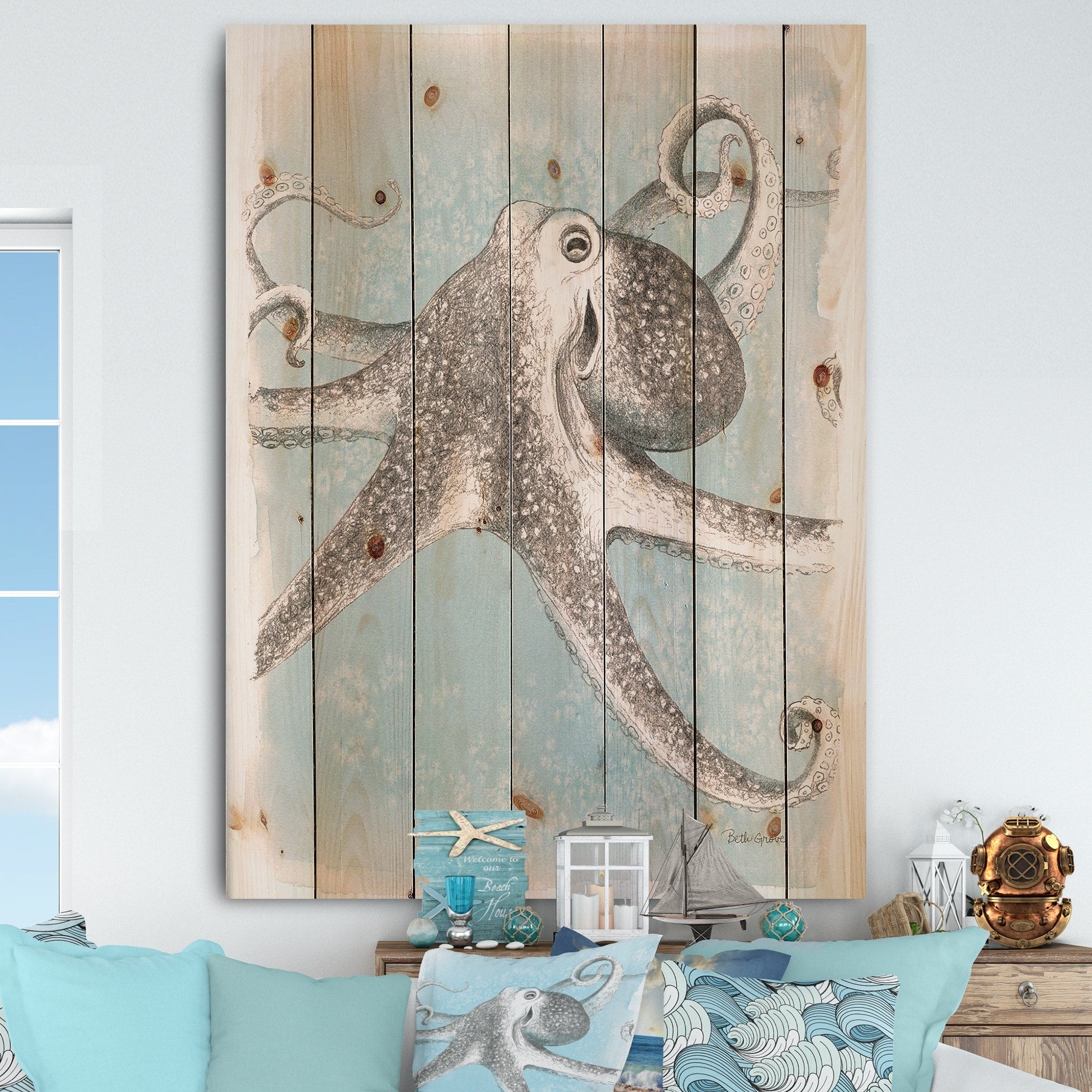 Designart Coastal Sea Life Ii Octopus Sketches Nautical Coastal Print On Natural Pine Wood Grey Blue