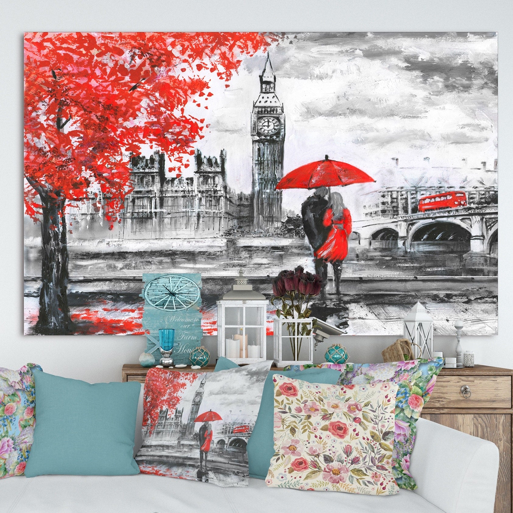 Designart Couples Walking In London Extra Large Landscape Canvas Art Print Multi Color
