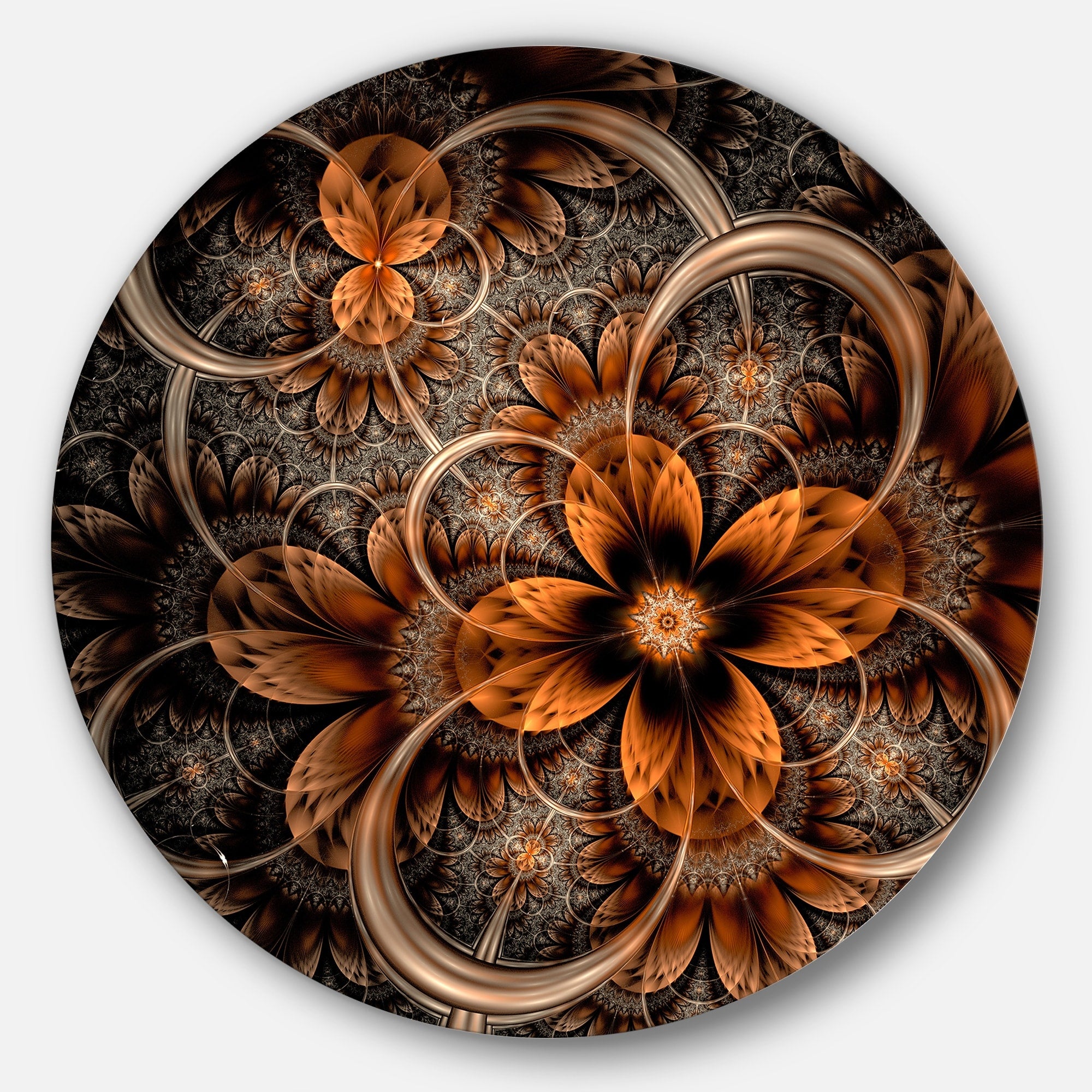 Designart Dark Orange Digital Art Fractal Flower Floral Round Wall Art