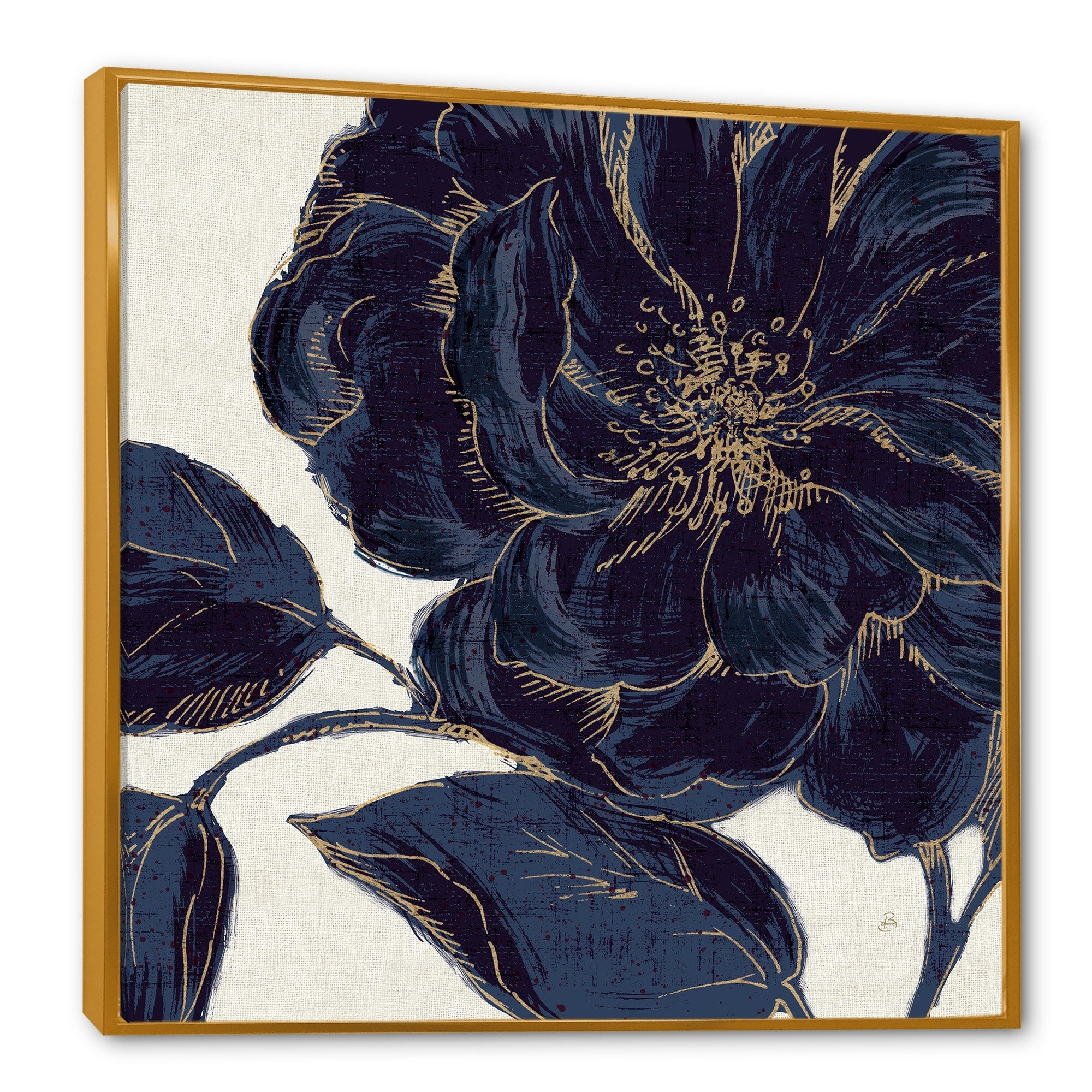 Designart Dark Rose Gilded Gold Floral Framed Canvas Blue