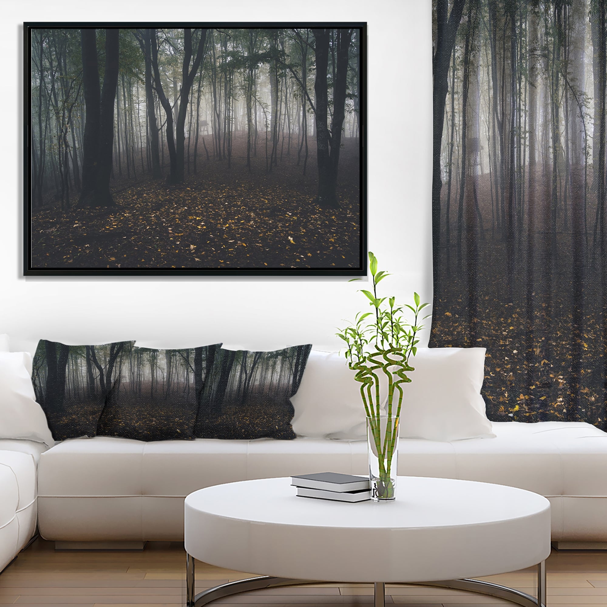 Designart Dark Spooky Misty Wild Forest Oversized Forest Framed Canvas Artwork