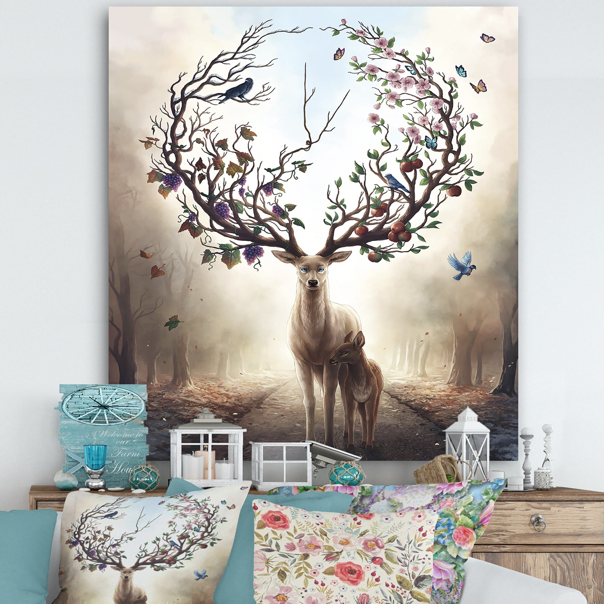 Designart Deer With Blossoming Antlers Cottage Canvas Wall Art