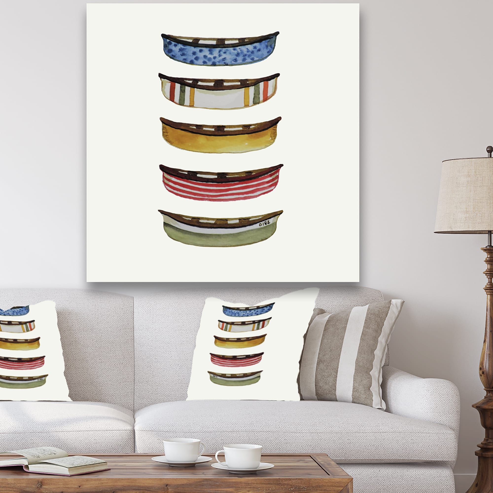 Designart Five Canoes Lake House Premium Canvas Wall Art