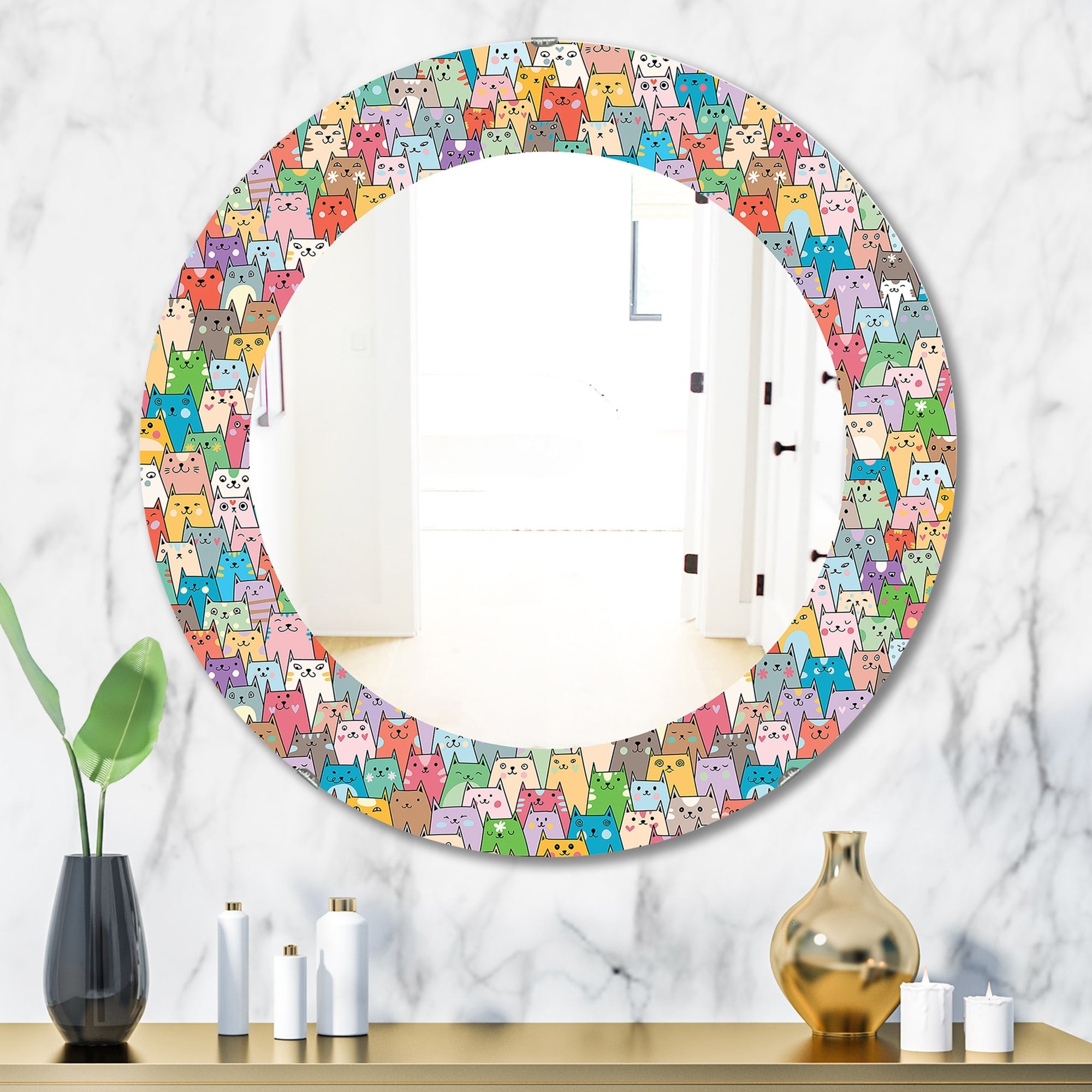 Designart Funny Cats Heads Pattern Modern Mirror Oval Or Round Wall Mirror Pink