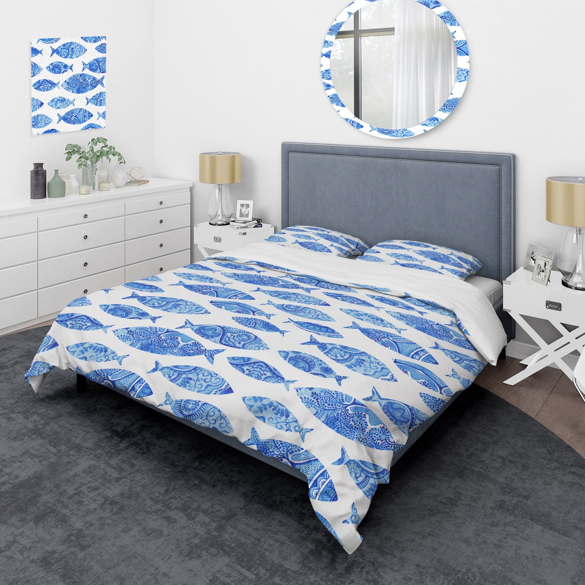 Designart Pattern With Fishes Nautical Coastal Bedding Set Duvet Cover Shams