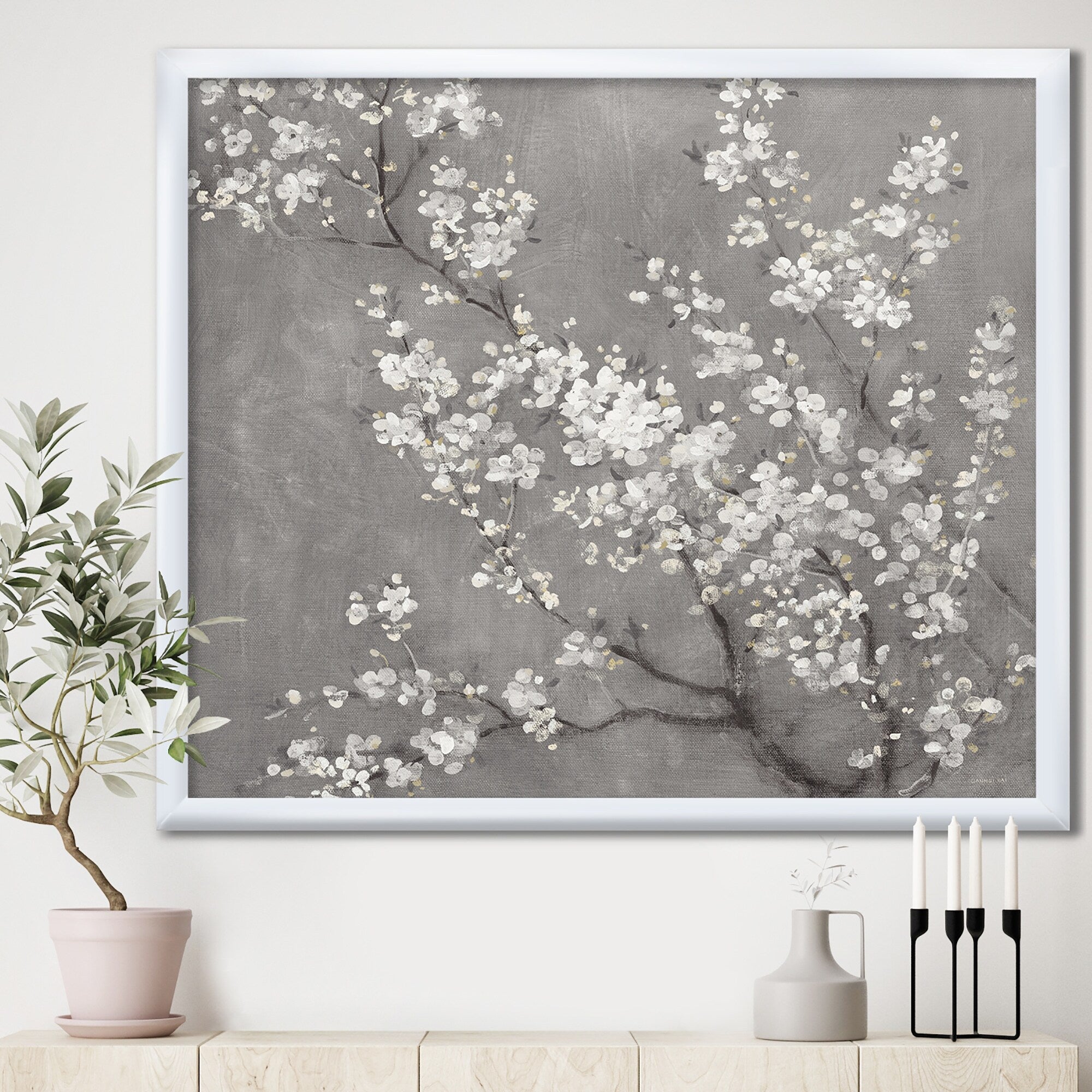 Designart White Cherry Blossoms Ii Traditional Framed Art Print