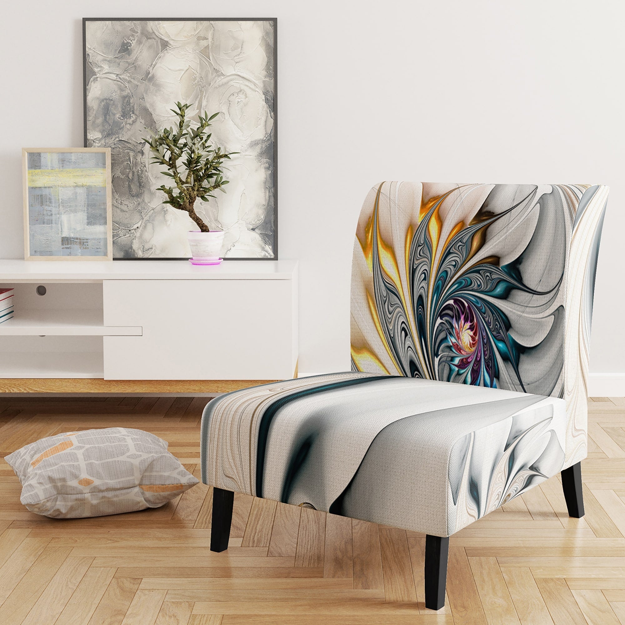 Designart White Stained Glass Floral Upholstered Floral Accent Chair