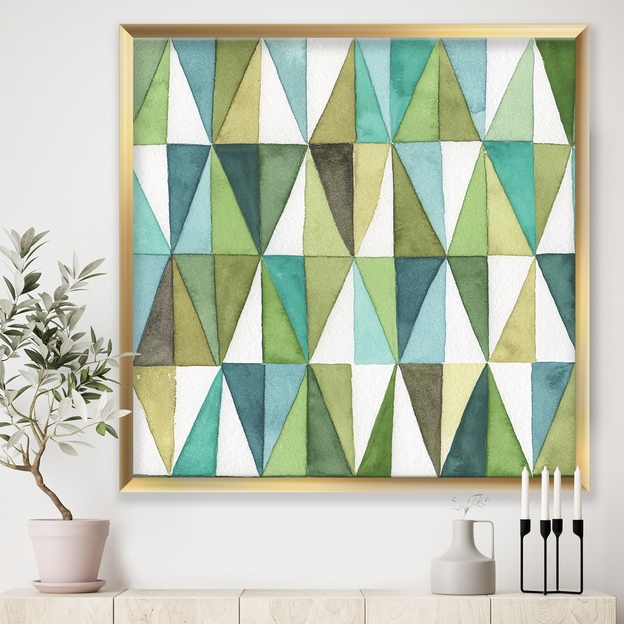 Designart Geometric Green Triangle Iii Mid Century Modern Transitional Framed Art Print
