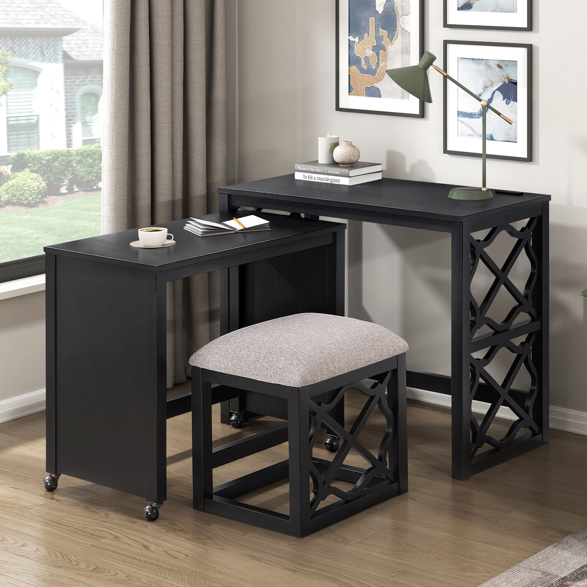 Desks And Stool Set 3Pc Black Finish Rolling Desk With Casters 2 Charging Ports