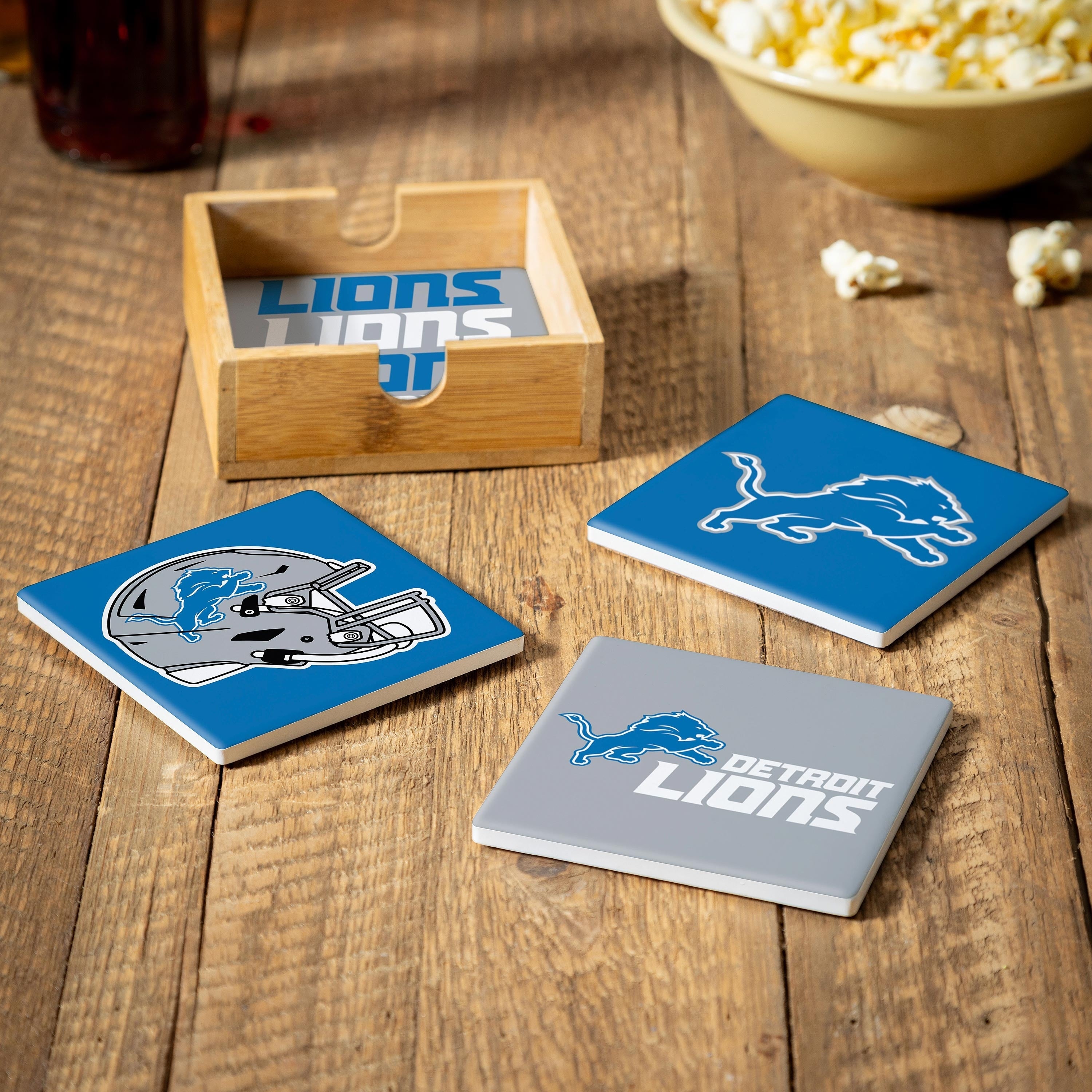Detroit Lions 4 Piece Ceramic Coasters Set With Wood Caddy