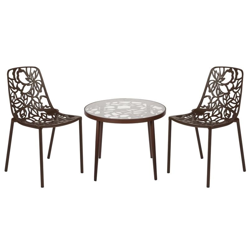 Devon 3 Piece Outdoor Patio Dining Set With Floral Aluminum Stackable Chairs Round Tempered Glass Table Uv Resistant