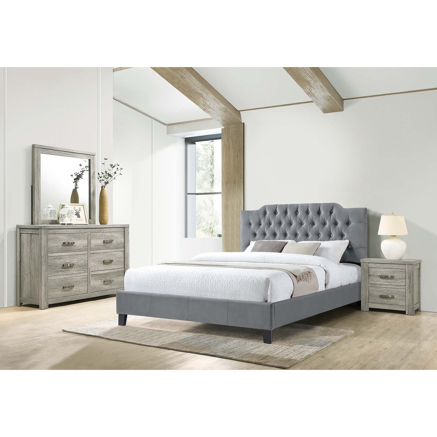 Diamond Button Tufted Bed Set Blue Gray Finish Bedroom Furniture