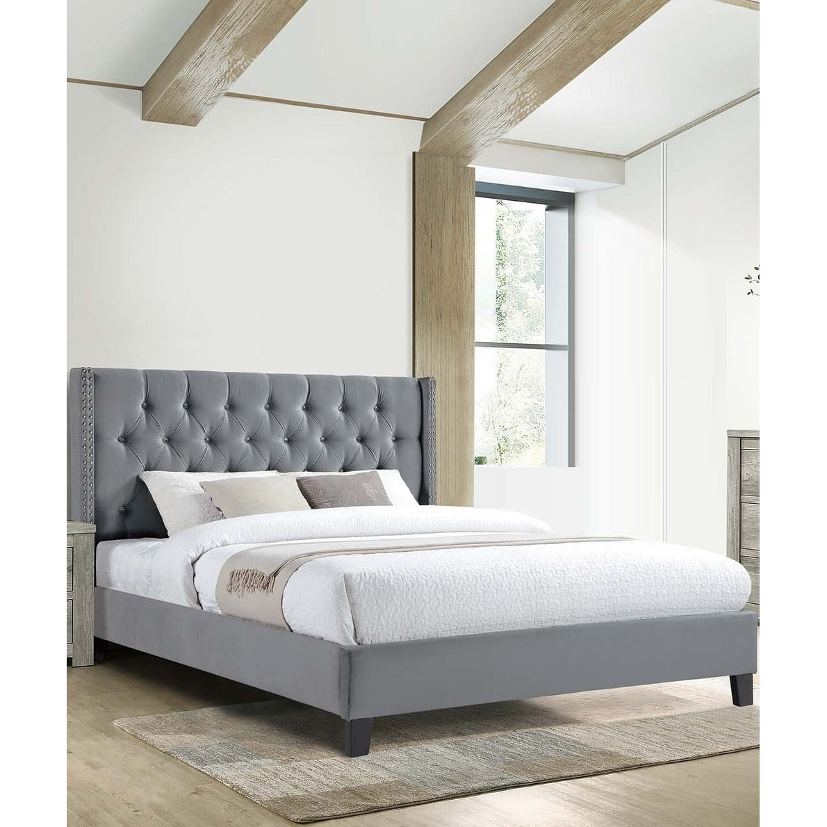 Diamond Button Tufted Bed Set Nailhead Trim Gray Finish