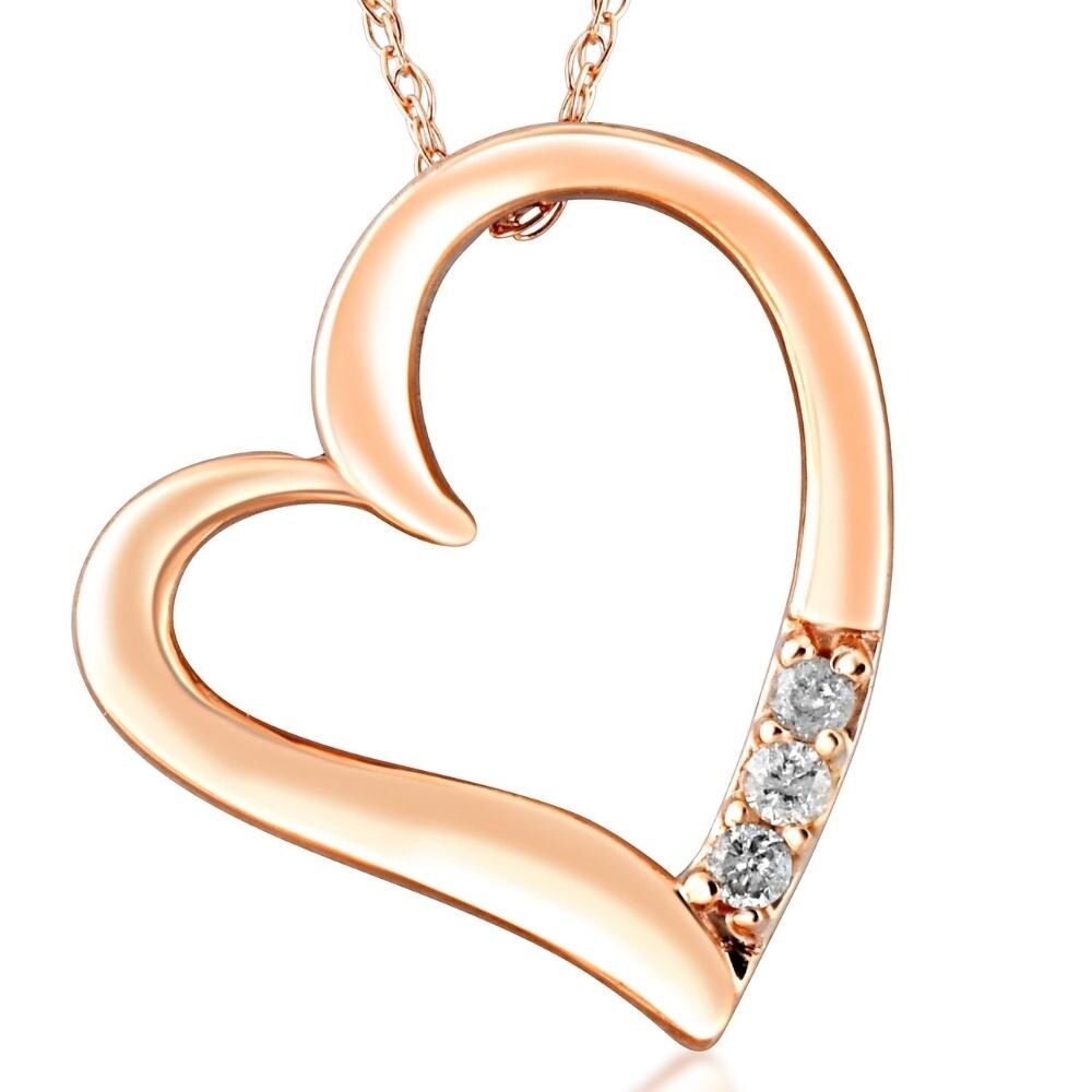Diamond Heart Pendant 3 Stone 14K Rose Gold With 18 Chain