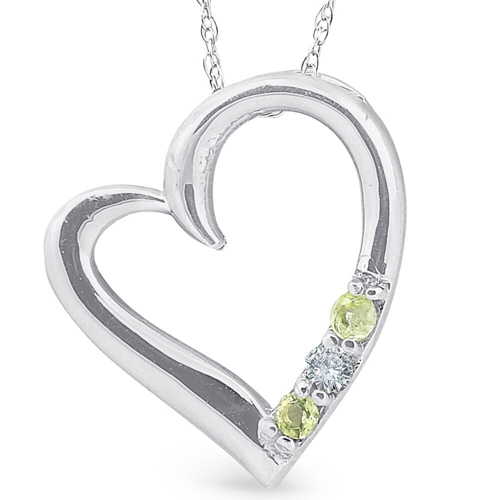 Diamond Peridot Heart Pendant 3 Stone 10K White Gold With 18 Chain