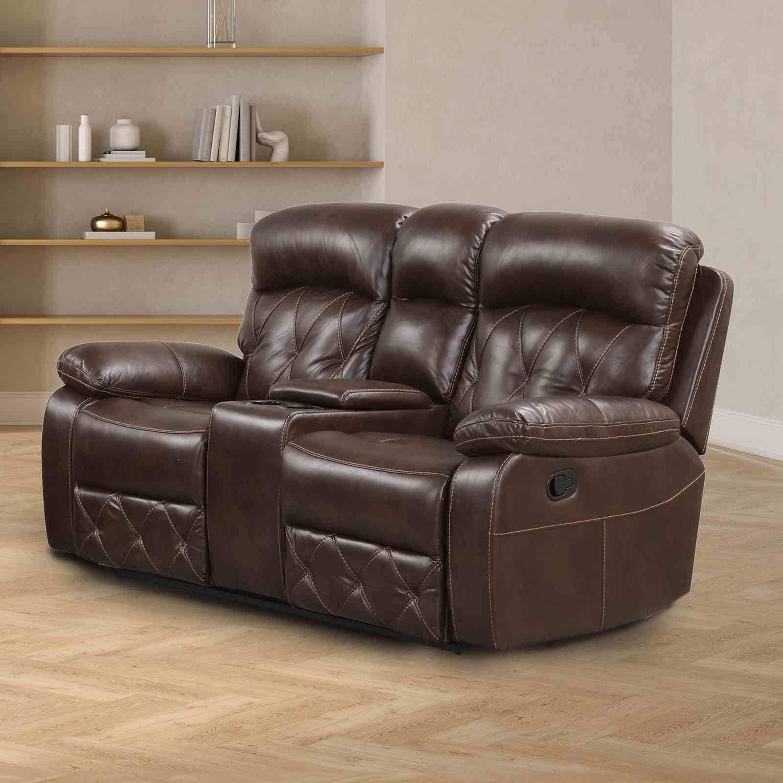 Diamond Stitching Solid Wood Brown Faux Leather 1Pc Loveseat Recliner