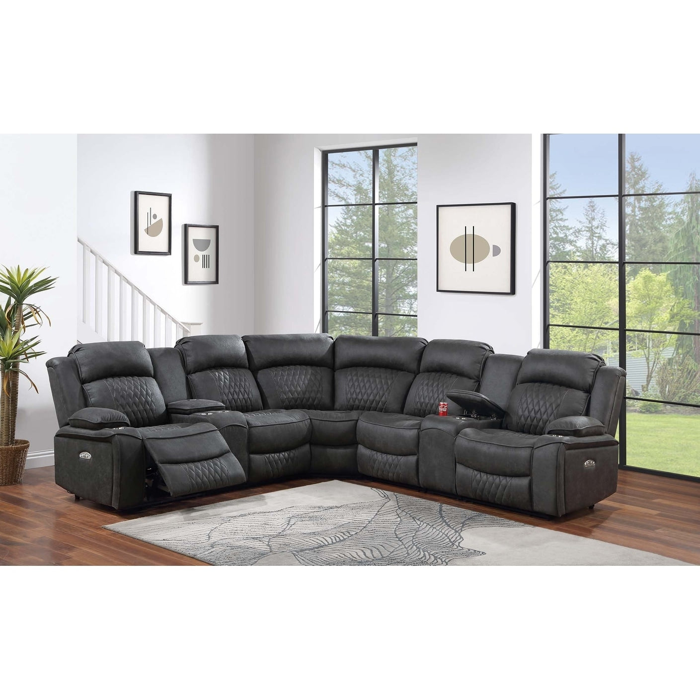 Diamond Tufting Power Motion Sectional Set 3Pc Charcoal Finish Living Room