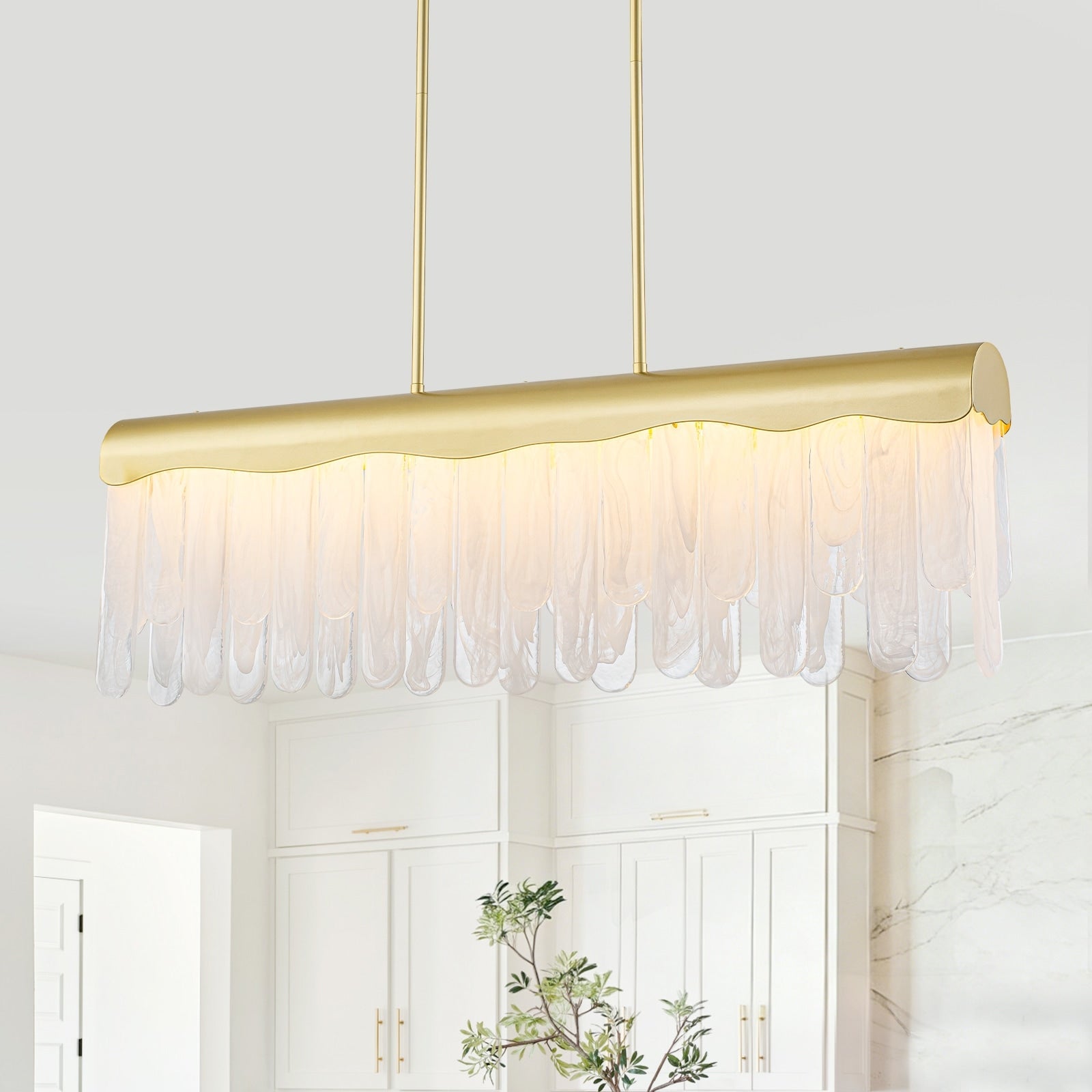 Dimmable Led Linear Chandelier Gold With Wavy Cloud Glass Strips W 37.8 In