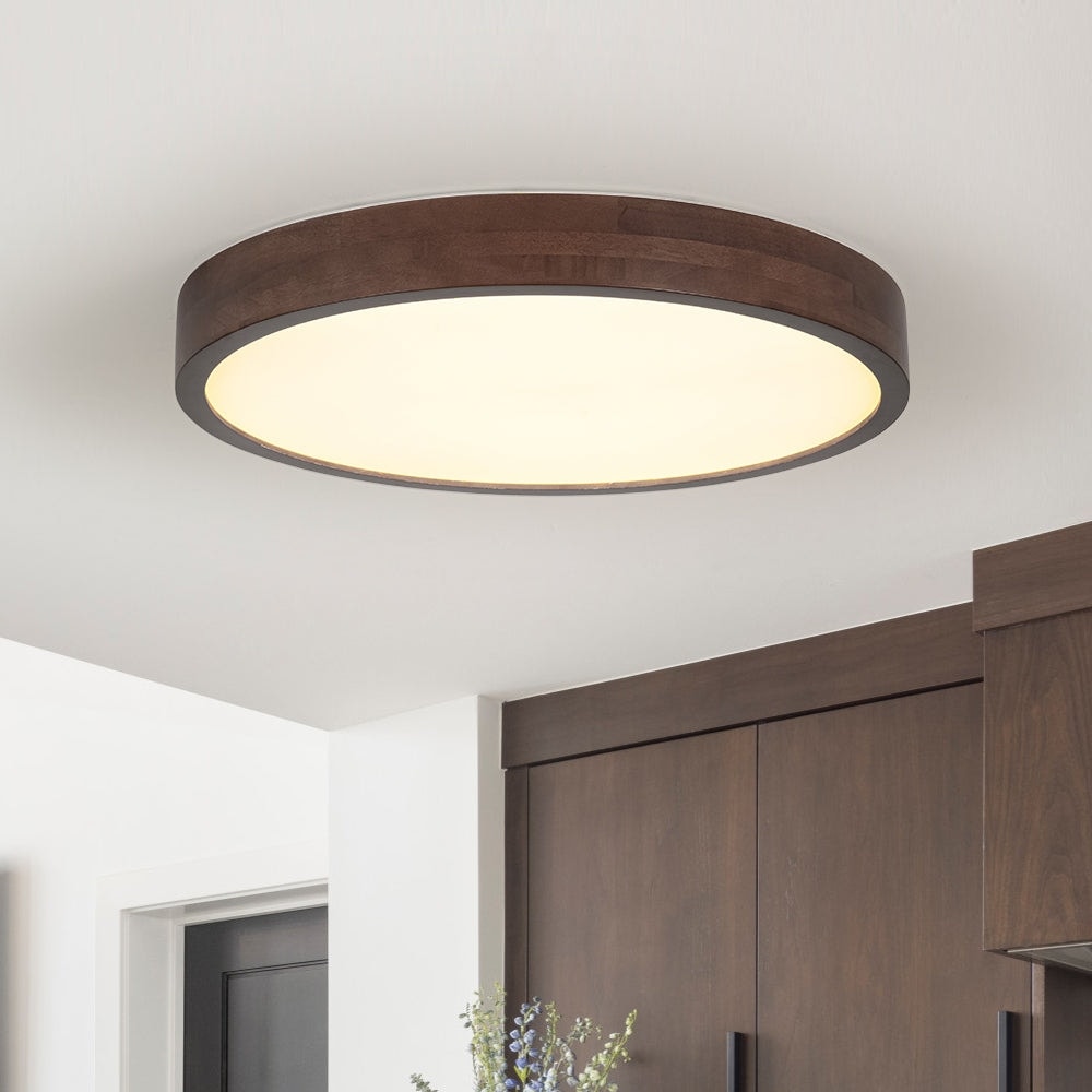 Dimmable Led Rustic Round Walnut Wooden Flush Mount Ceiling Light 19 Inches