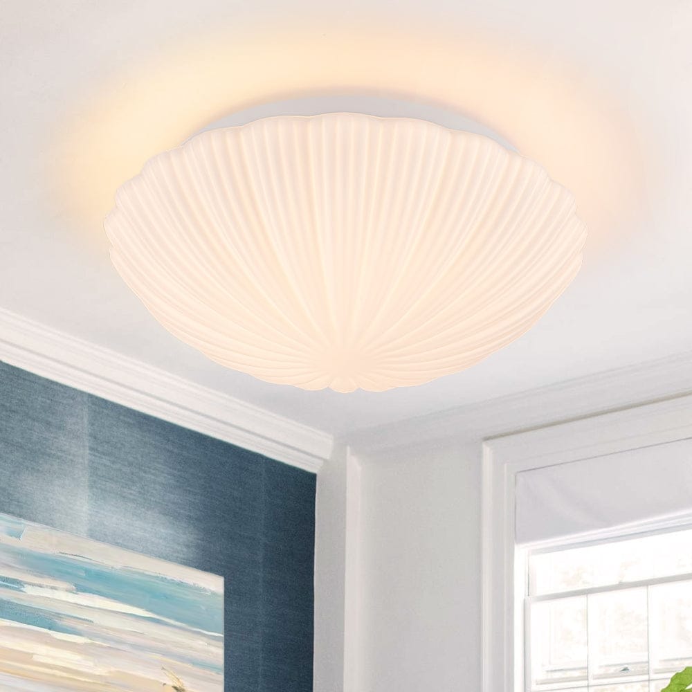 Dimmable Led White Flower Pleated Ribbed Glass Round Ceiling Light 13.2 Inches