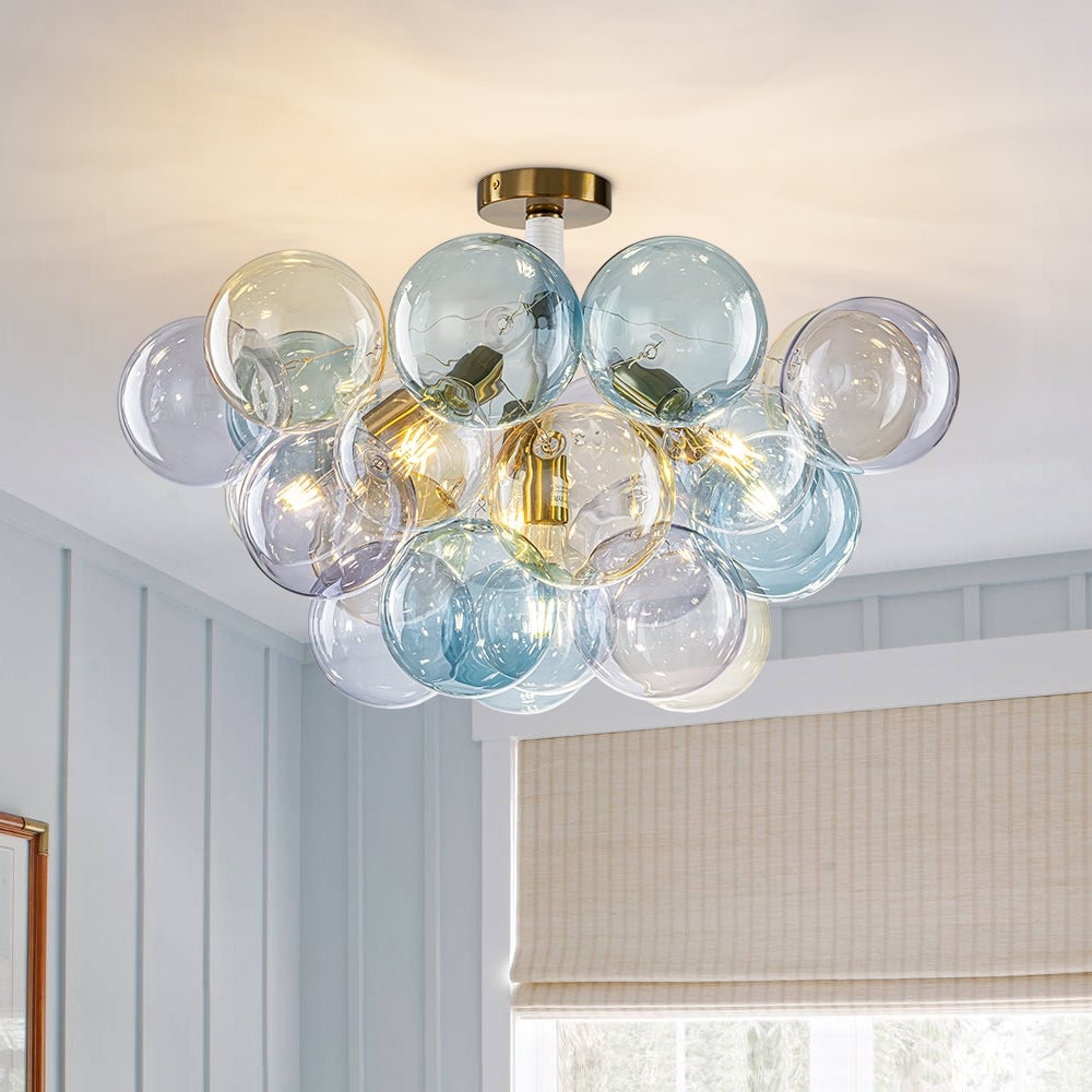 Dimmable Soft Blue Yellow Purple Tinted Glass Bubble Kid Chandelier 24.8 Inches