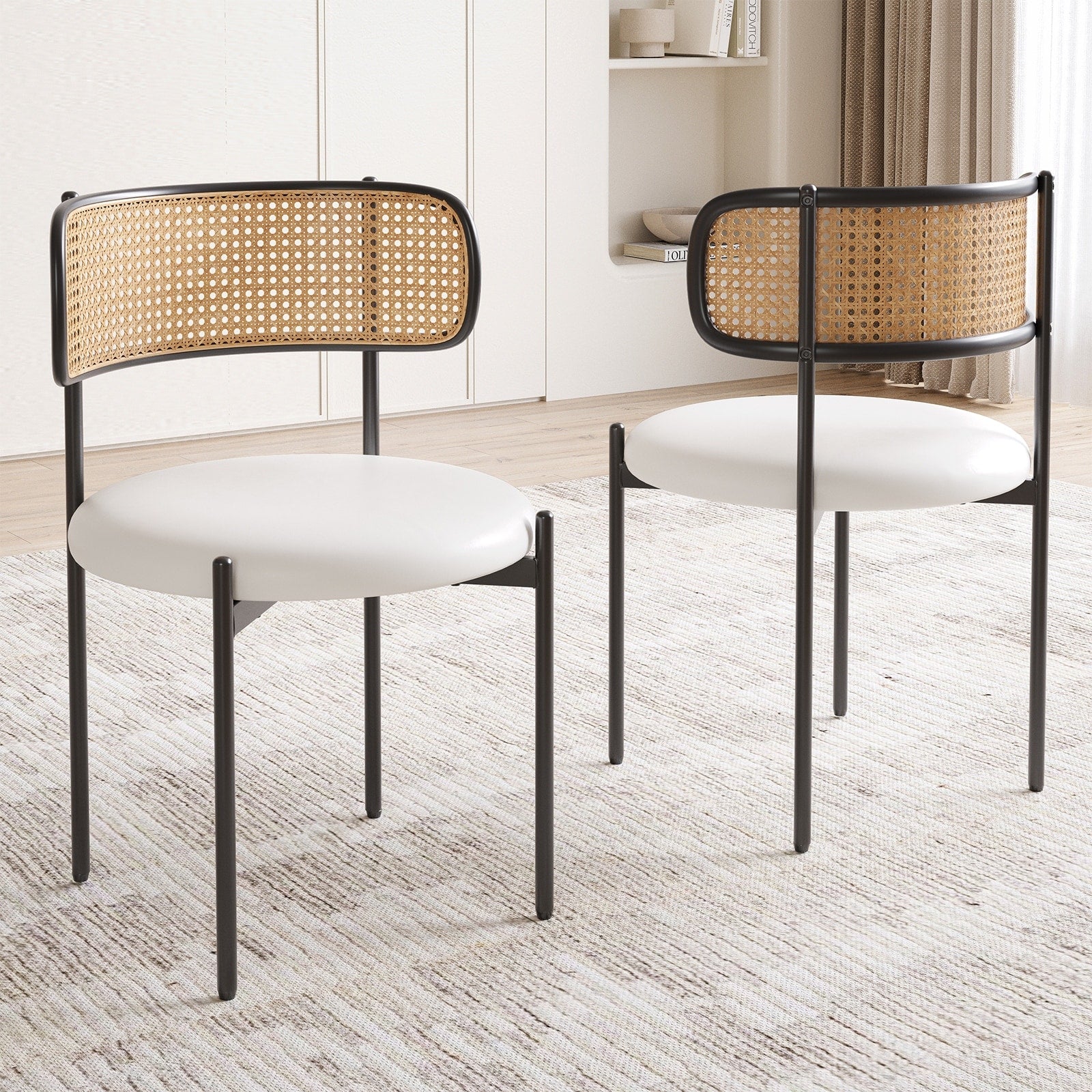 Dining Chairs Set Of 2 Pu Leather Upholstered Seat With Woven Rattan Back Sturdy Metal Legs Modern Side Chairs