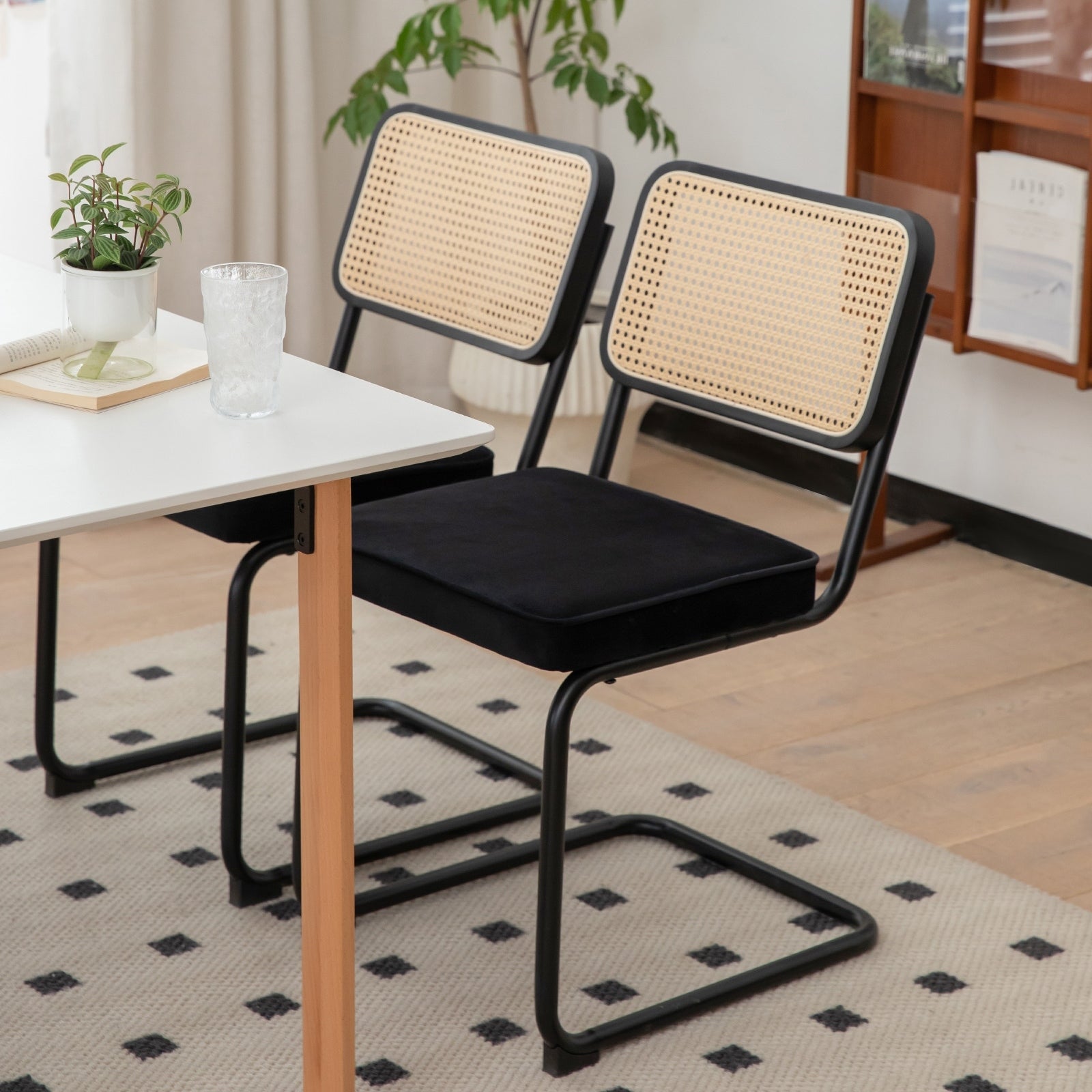 Dining Chairs Set Of 2 Velvet Rattan Side Accent Chairs With Chrome Legs Modern Mid Century Breuer Designed Chairs