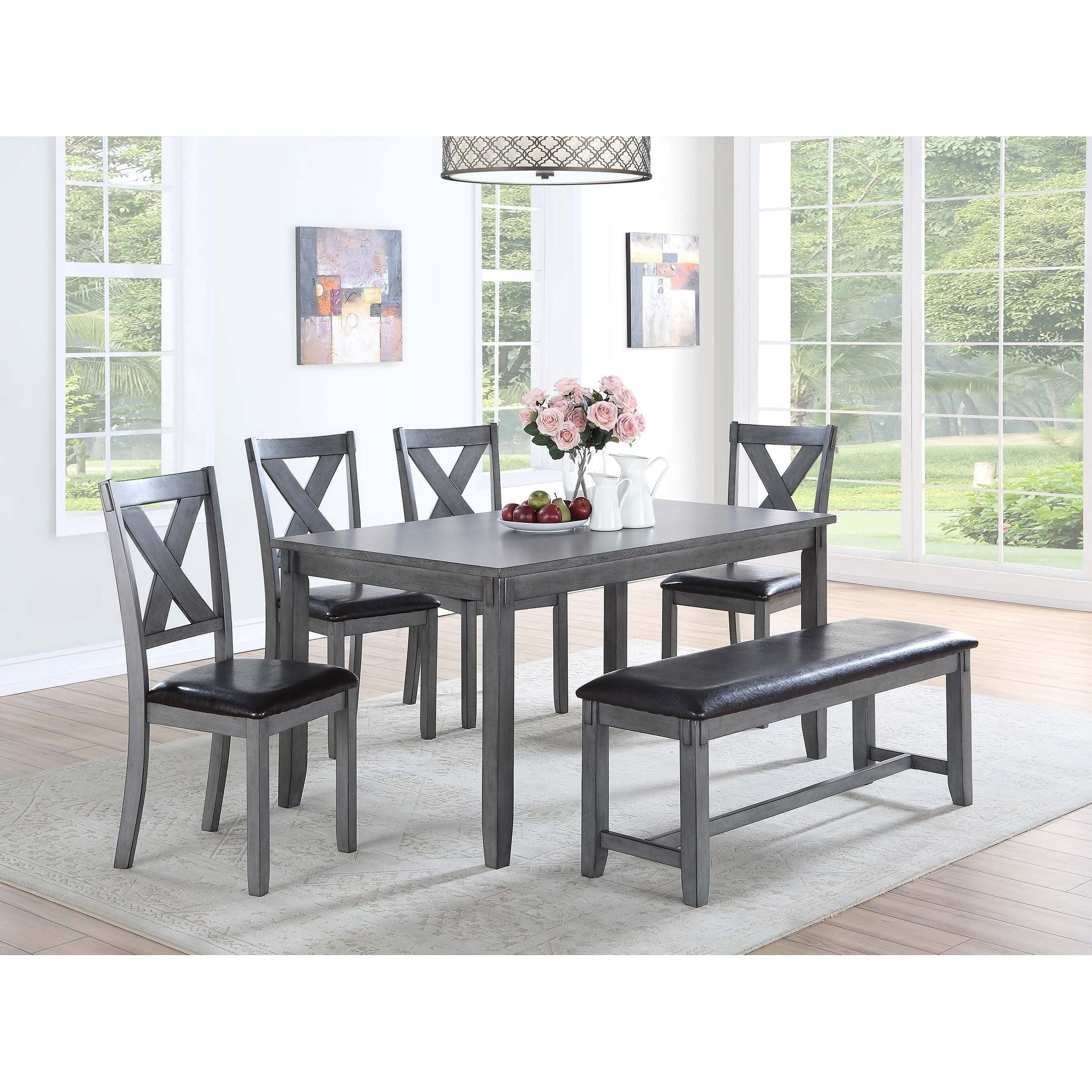 Dining Room Furniture X Cross Back Chair 6Pc Dining Set Gray Finish