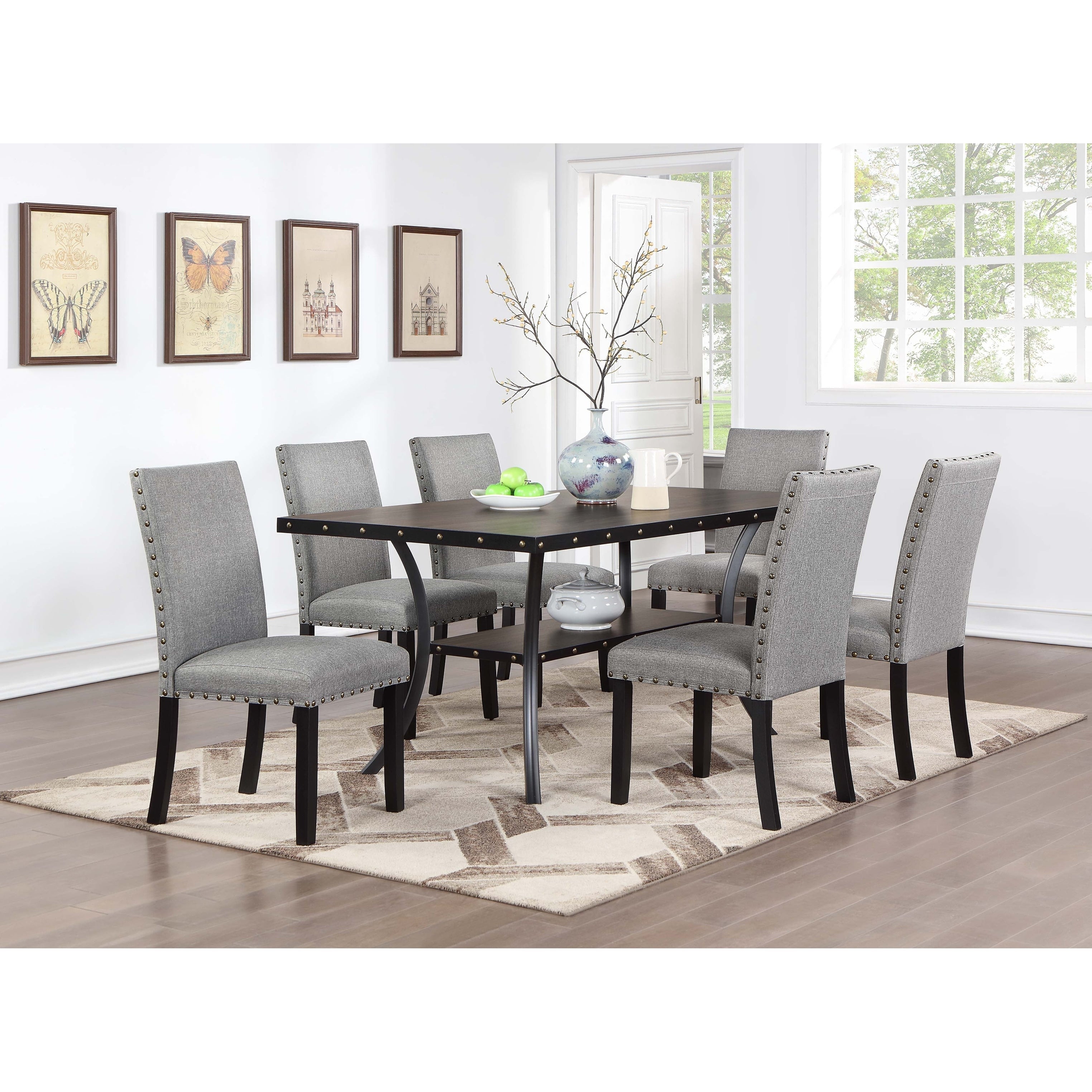 Dining Table 7Pc Set 1X Table 6X Chairs Gray Finish Nailhead Trim
