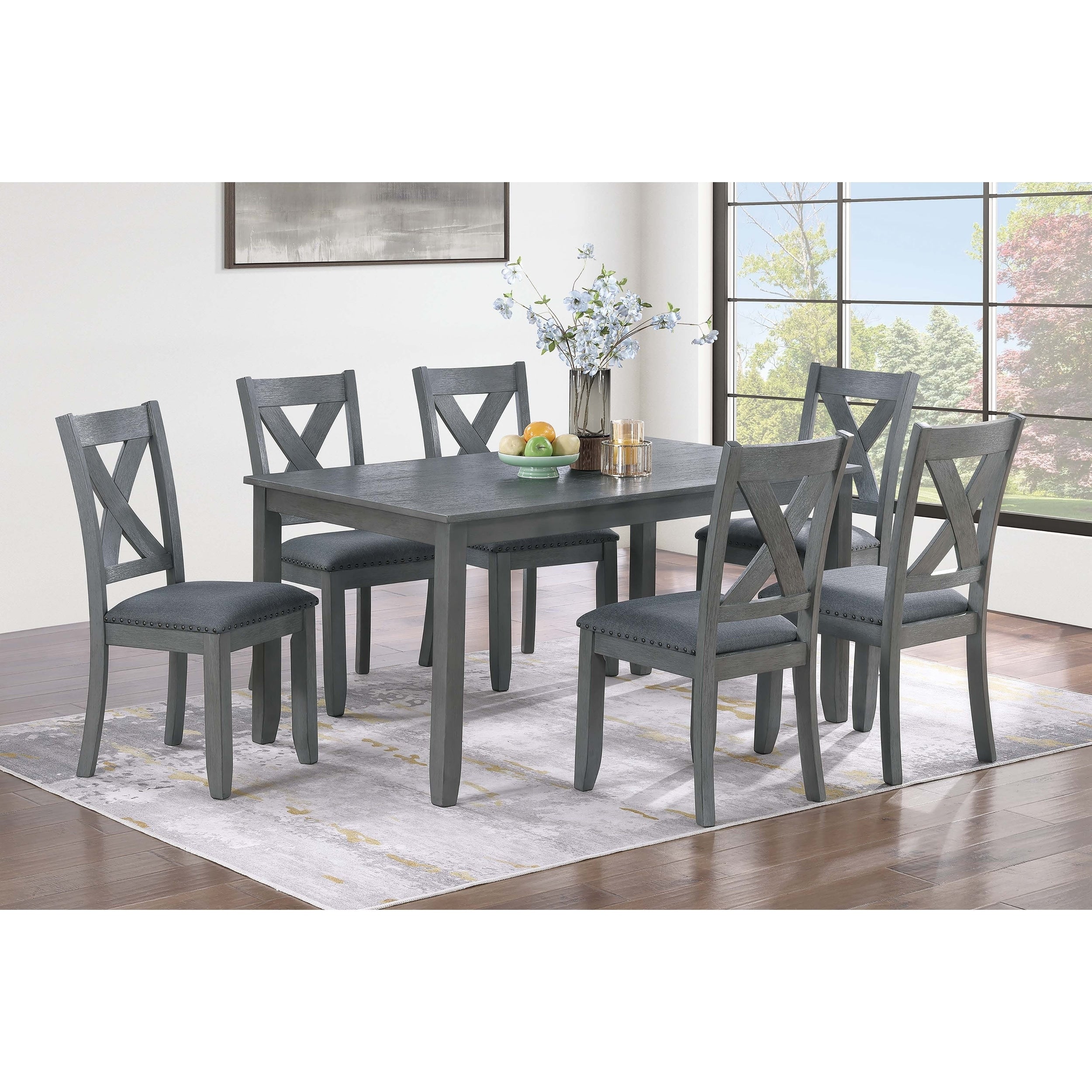 Dining Table 7Pc Set 1X Table And 6X Chairs Gray Finish Nailhead Trim