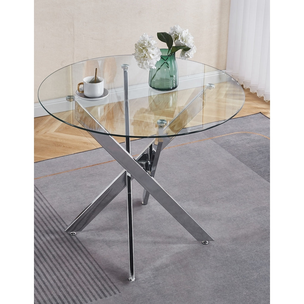 Dining Table With Cross Metal Leg And Tempered Glass Modern Space Saving Kitchen Table For Living Room Chrome Legs Chrome