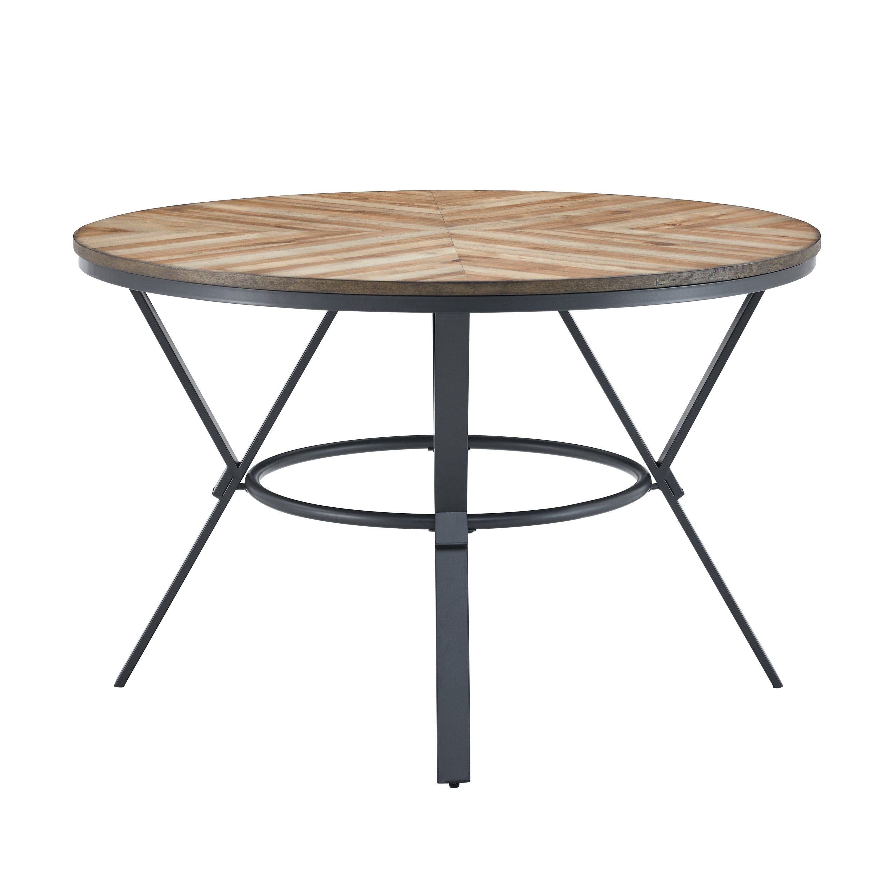 Dining Table 47 Inch Round Wood Top Black Metal Trestle Base Brown