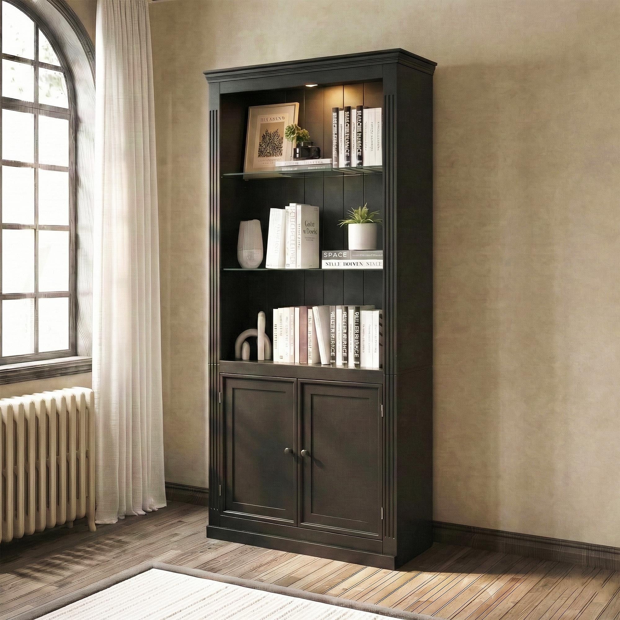 Display Cabinet Bookcase With Dimmable Ceiling Light Freestanding Accent Cabinet Side Cabinet With Doors