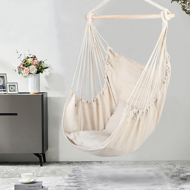 Distinctive Cotton Canvas Hanging Rope Chair With Pillows Beige