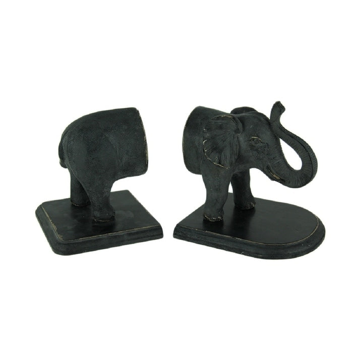 Distressed Black Standing Elephant Top And Tail Bookend Set 5.5 X 9.75 X 4.75 Inches