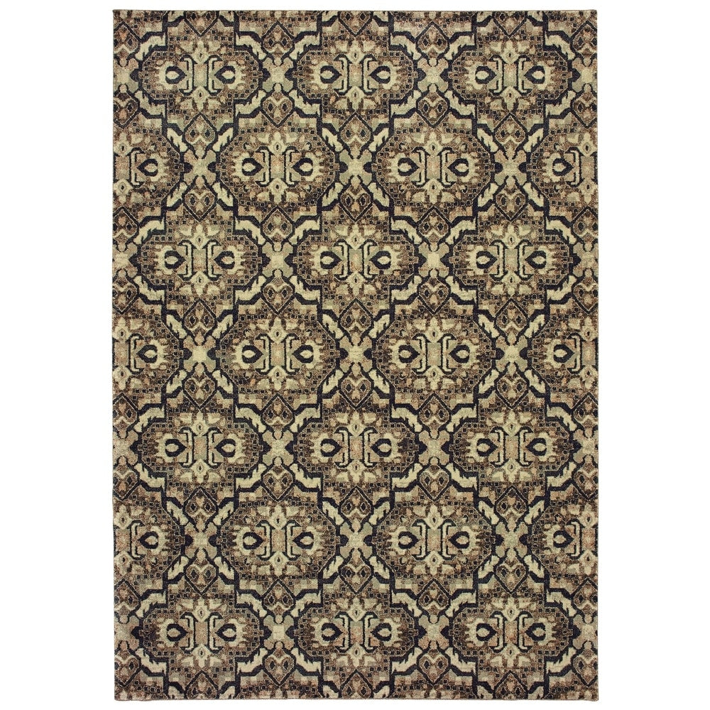 Distressed Geometric Brown Navy Dense Pile Area Rug 53 X 76