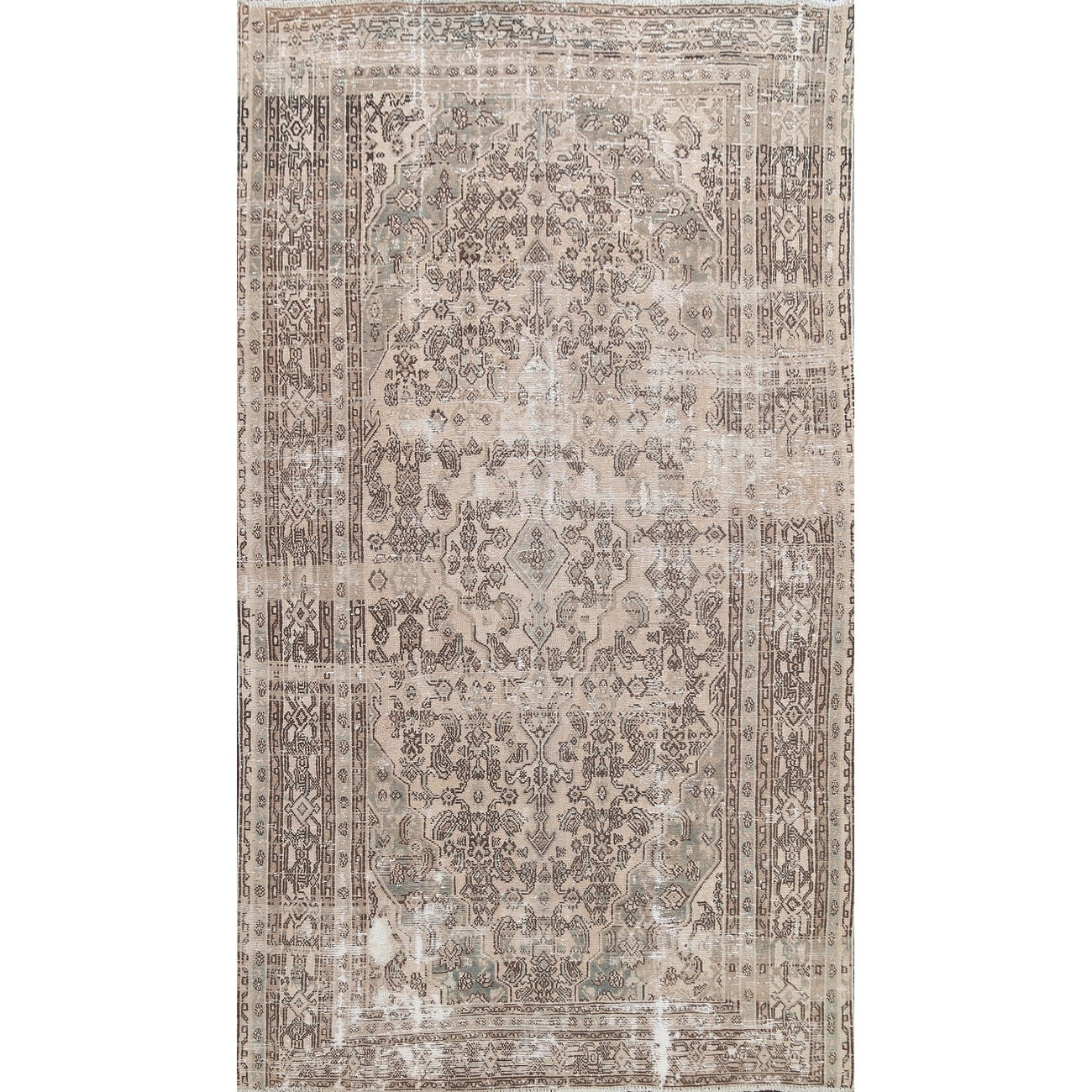 Distressed Geometric Hamedan Persian Area Rug Wool Hand Knotted Carpet 67 X 95