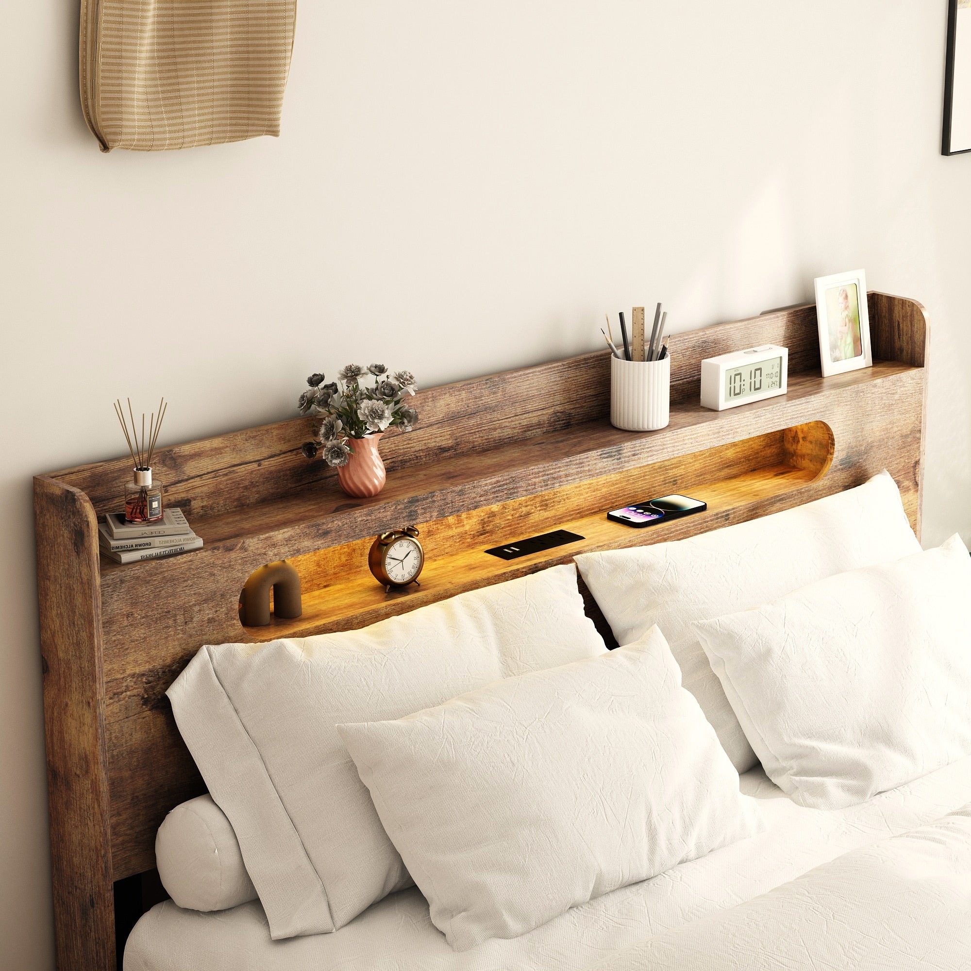Distressed King Wood Storage Bed Frame With Led Headboard Usb Ports