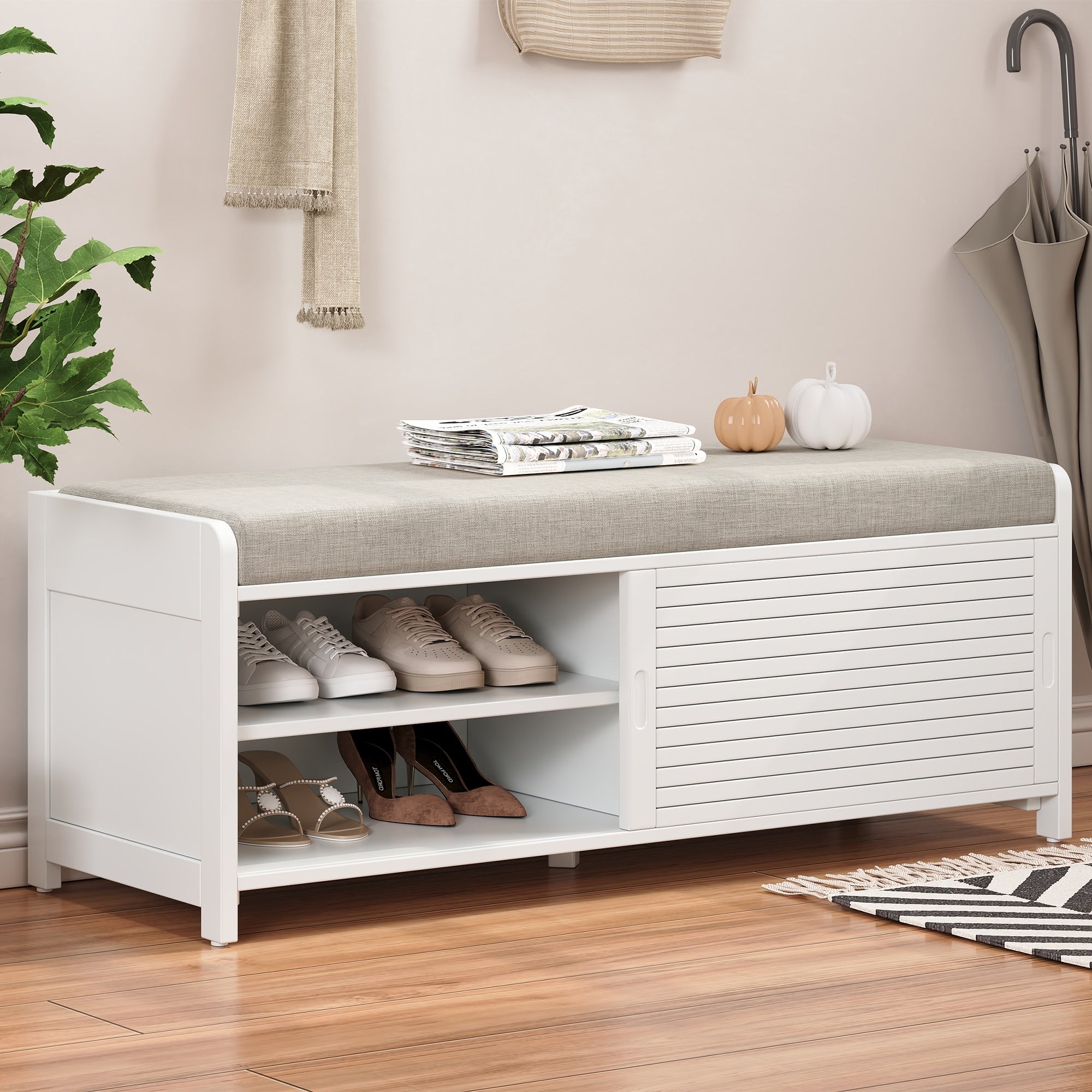 Distressed Shutter Storage Bench With Acacia Veneer For Retro Charm For Living Room Entryway