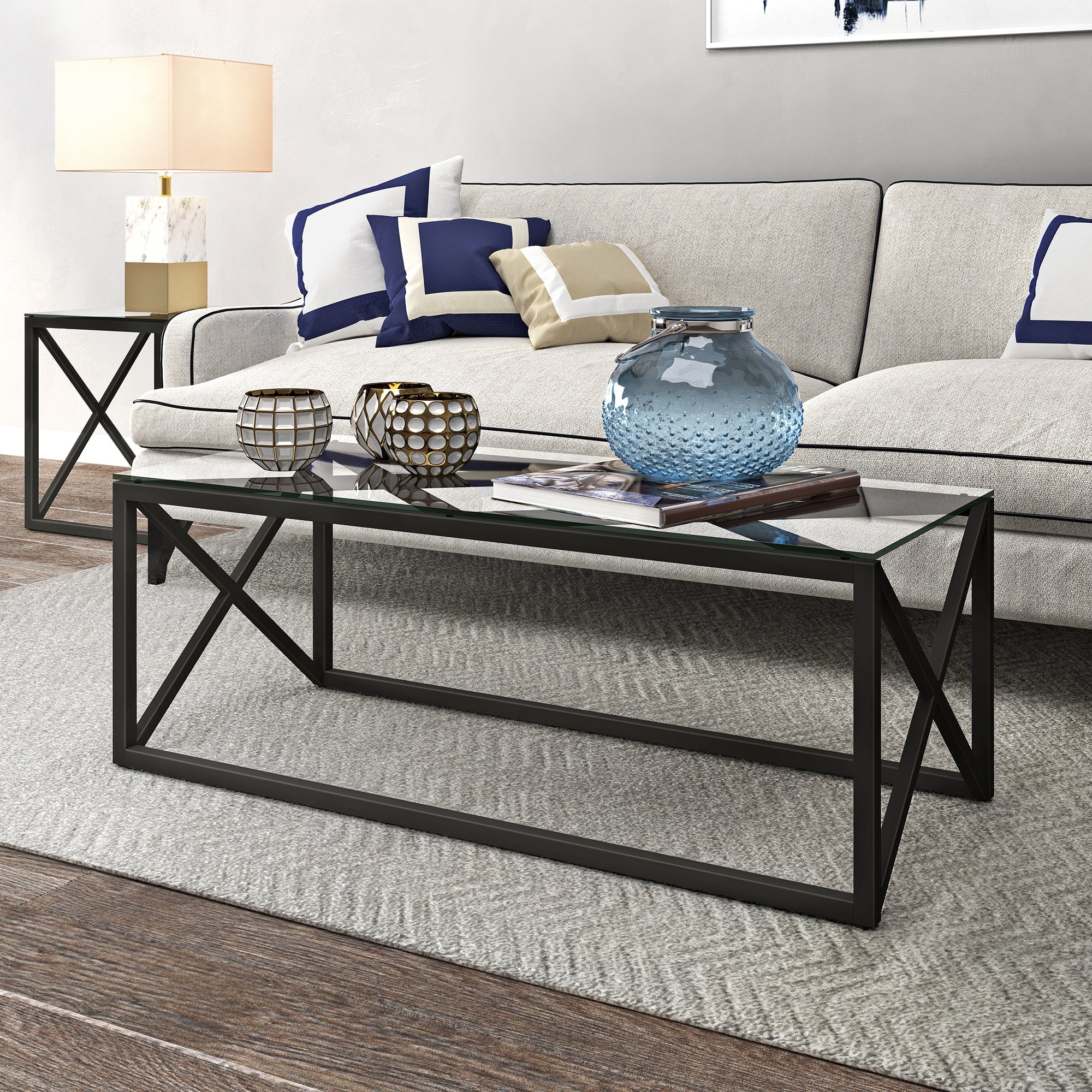 Dixon Geometric X Base Metal Glass Coffee Table Optional Finishes