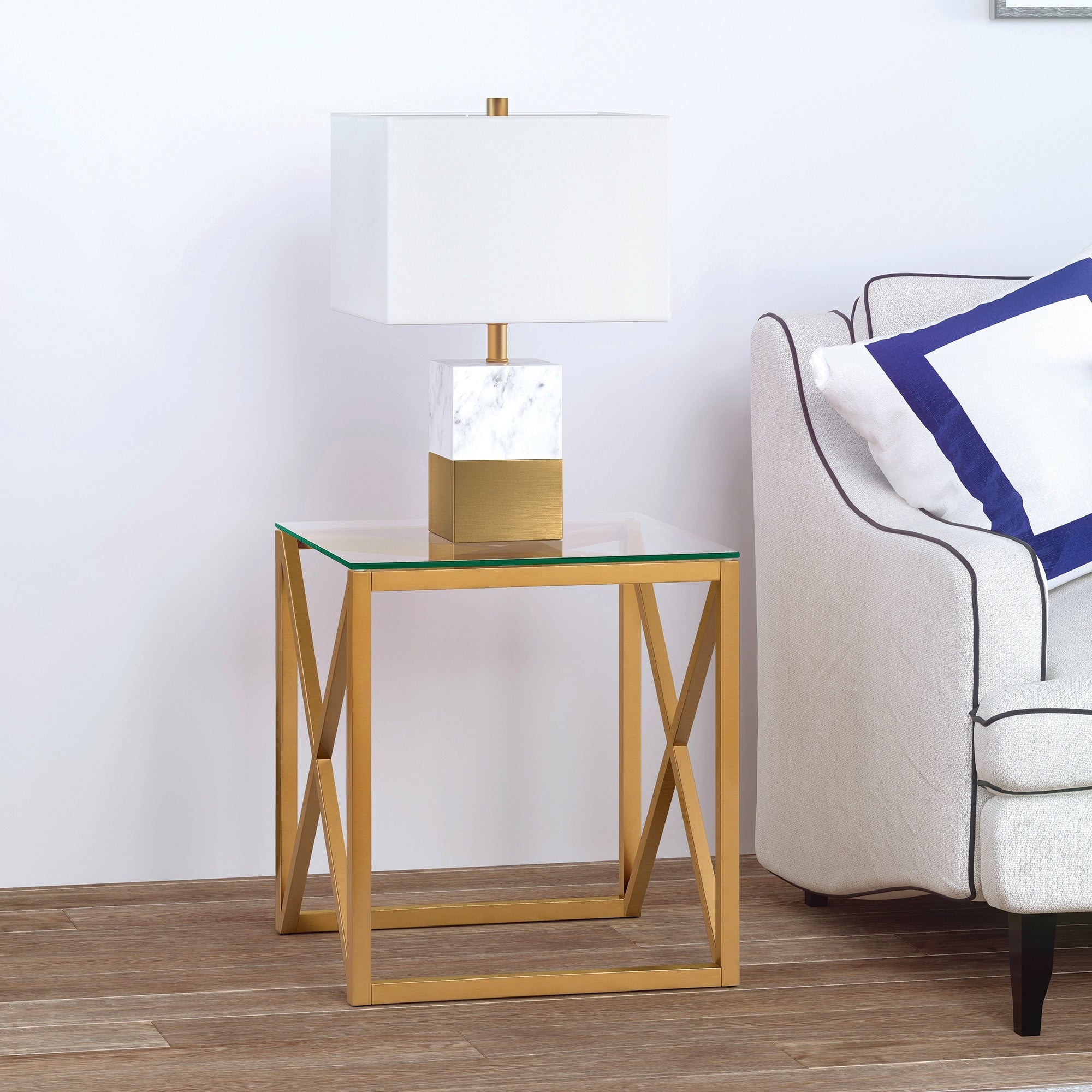 Dixon Geometric X Base Metal Glass Side Table In Golden Brass Finish