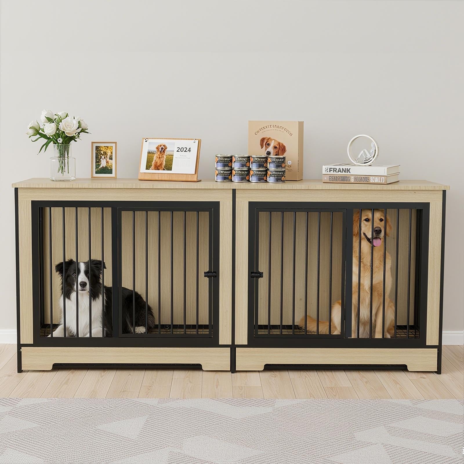Dog Crate Furniture With Two Combined Room Xl Large Double Dog Cage Furniture With Tray For Medium Large Dogs