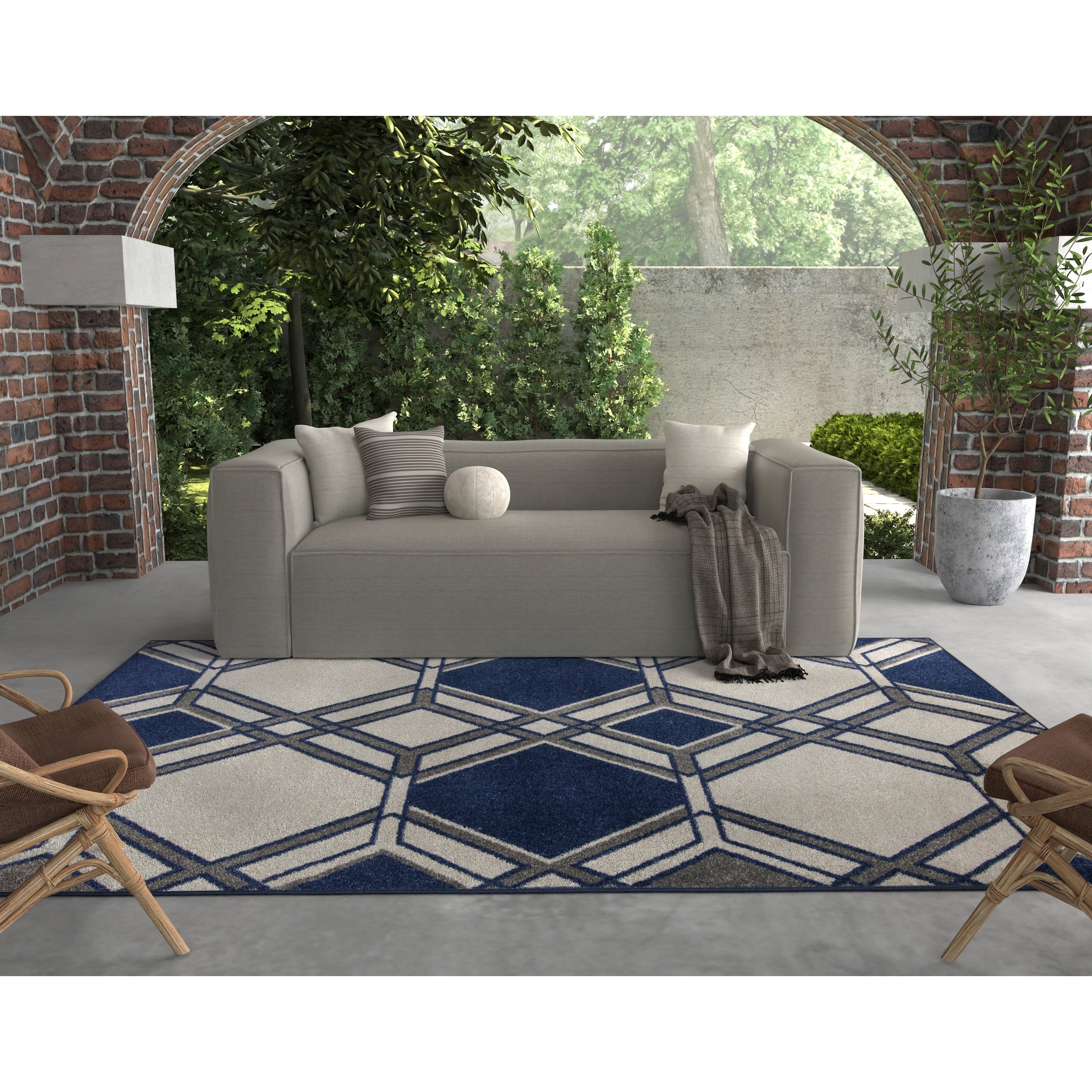 Domani Lesedi Contemporary Ivory Denim Geometric Area Rug