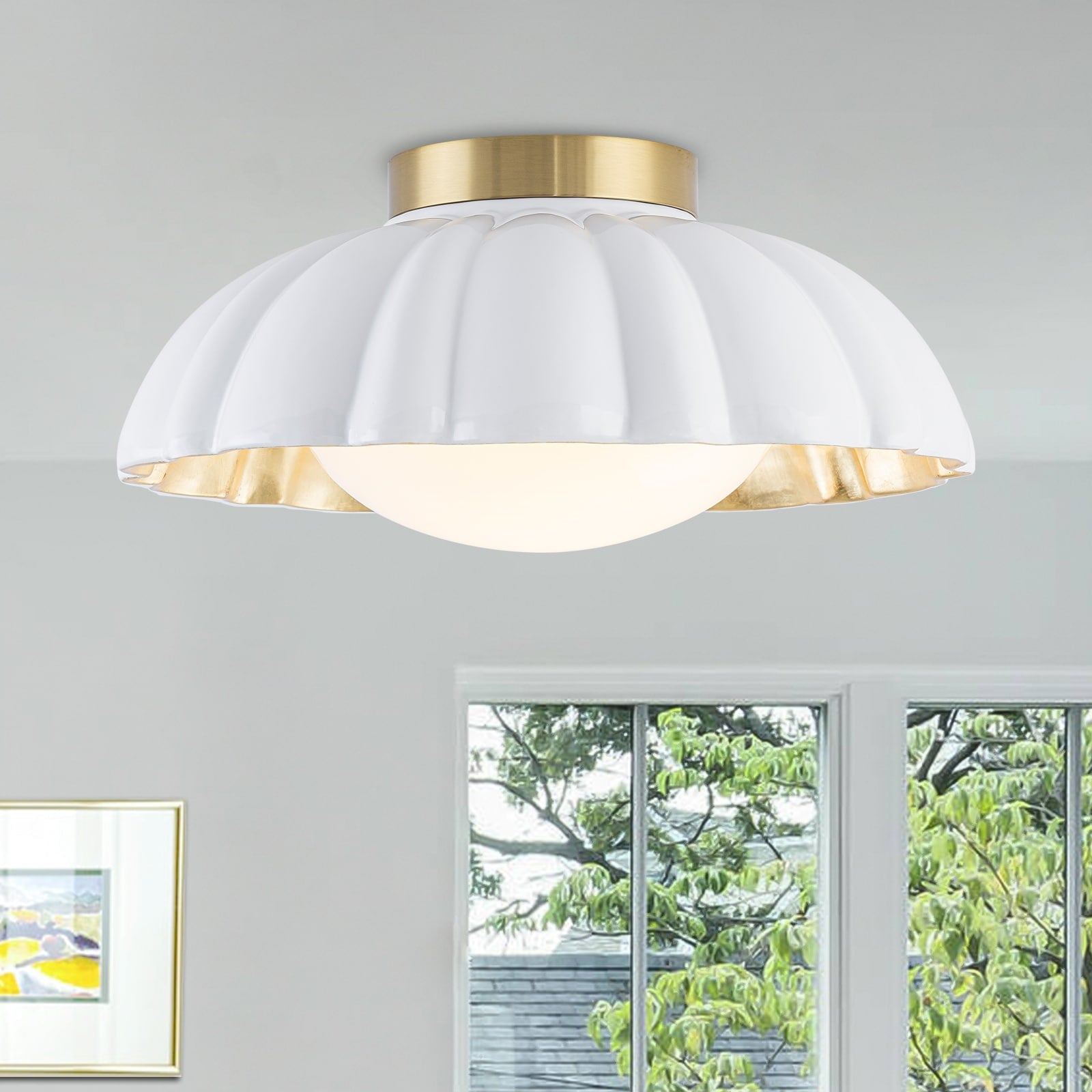 Dome Milky White Shade Flush Mount Ceiling Light With Gold Foil Interior Dia.13.58 In